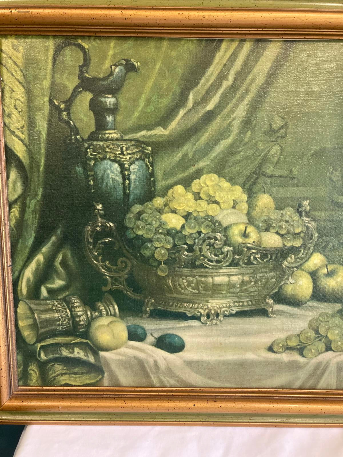 Vintage Framed Still Life Painting – Grapes, Goblet & Fruit, Gold Frame