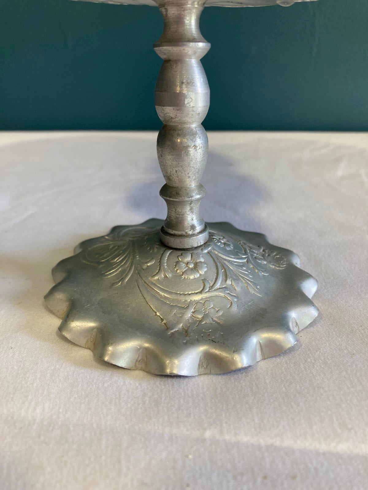 Vintage Aluminum Pedestal Dish with Scalloped Edge