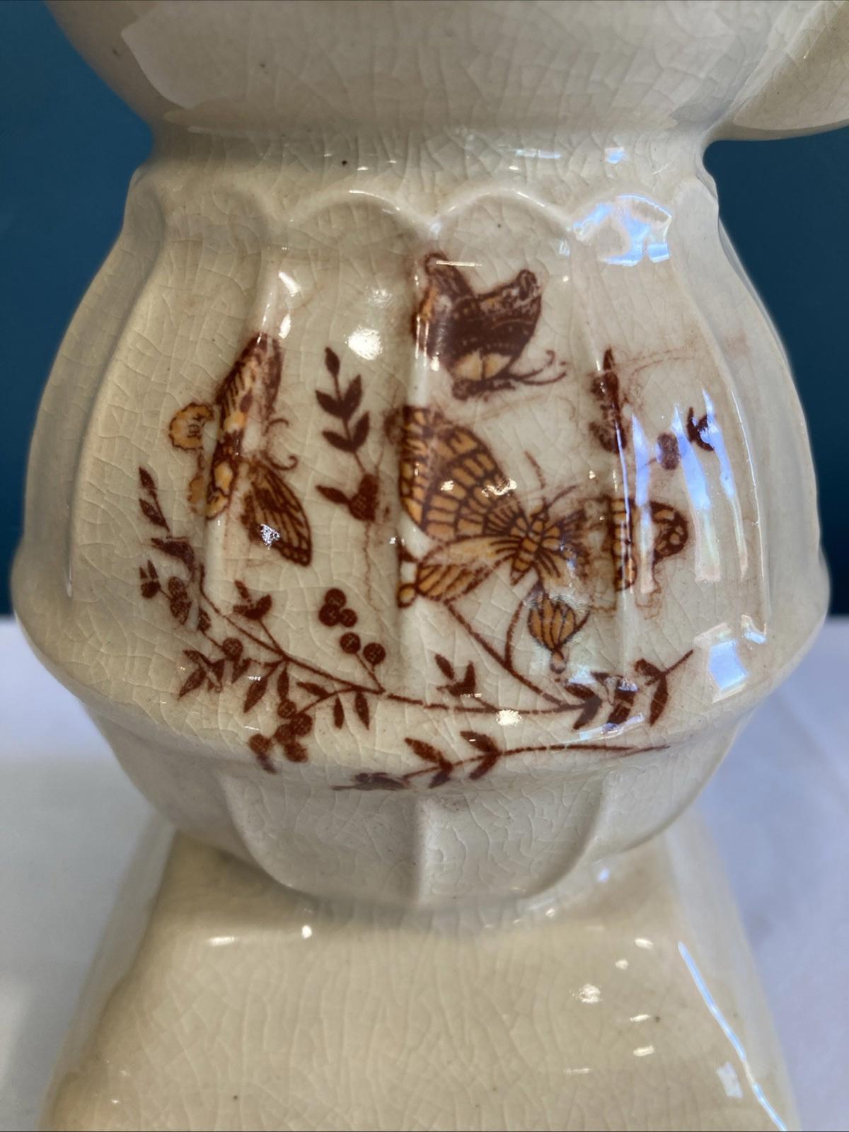 Vintage Glazed Ceramic Pot Belly Stove Vase With butterflies