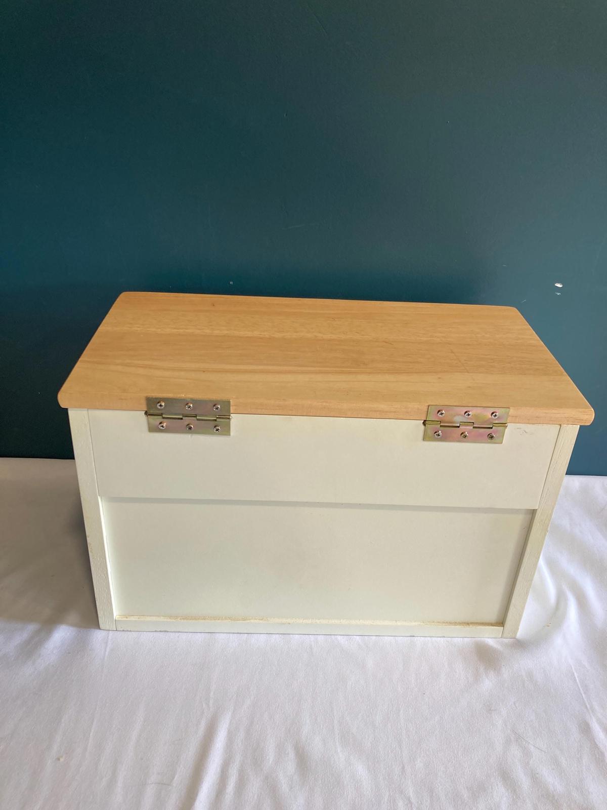 Vintage White Wooden Bread Box with Lift Up Top