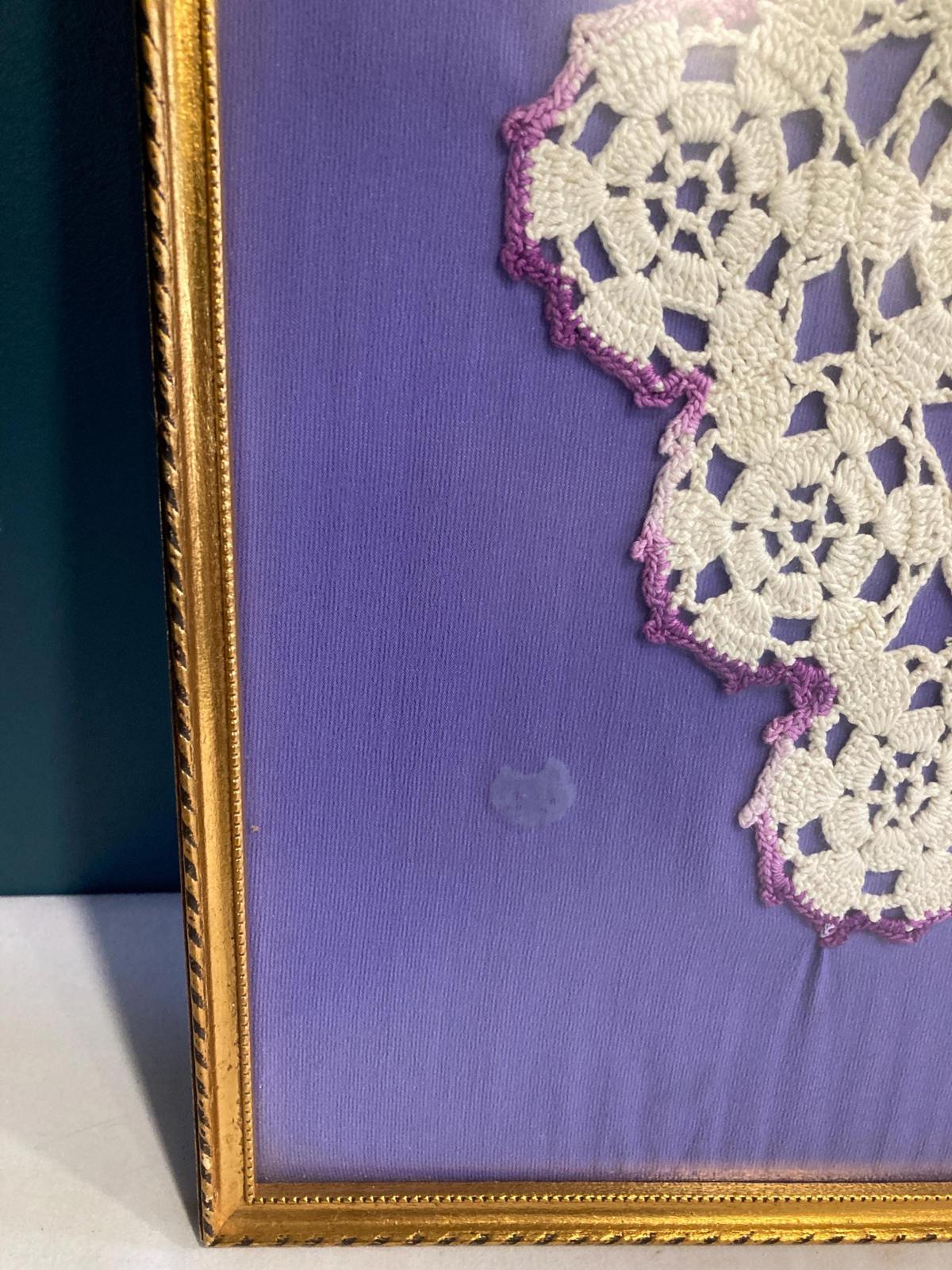 Vintage Handmade White Doily Lace with Purple Edges Framed