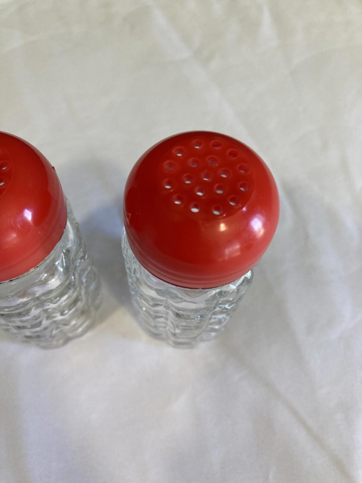 Vintage 1960s Quilted Glass Salt & Pepper Shakers with Red Plastic Lids