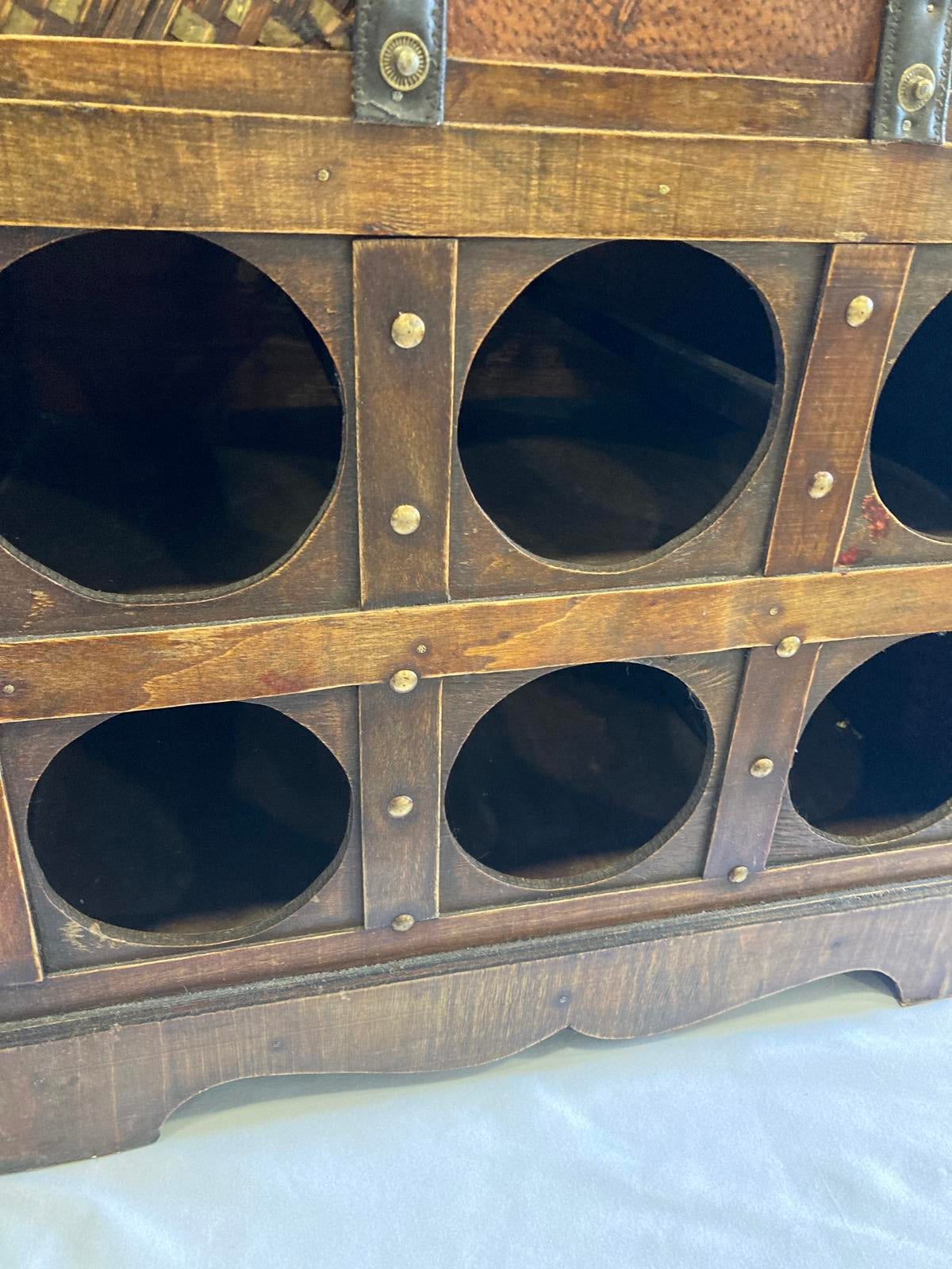 Vintage Trunk Style Wood & Rattan Wine Rack Chest