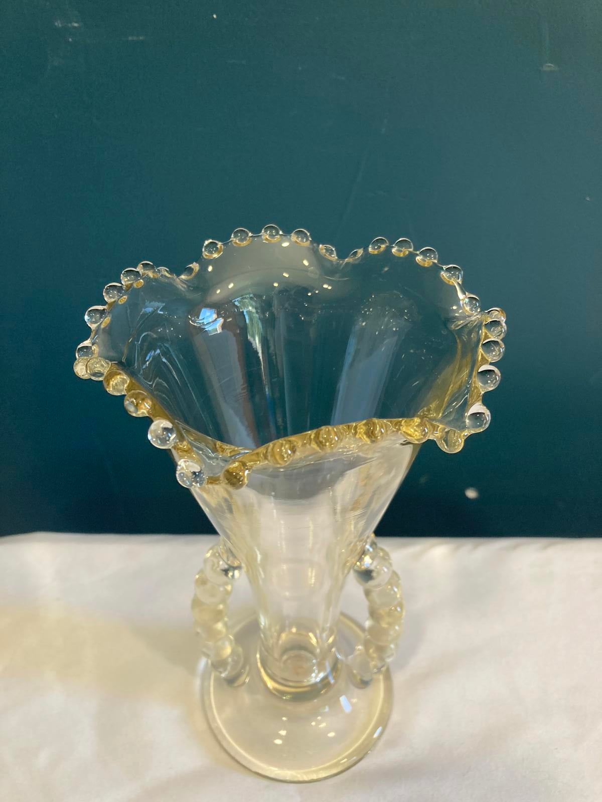 Fenton Glass Vase with Beaded Ruffled Edge and Loop Handles
