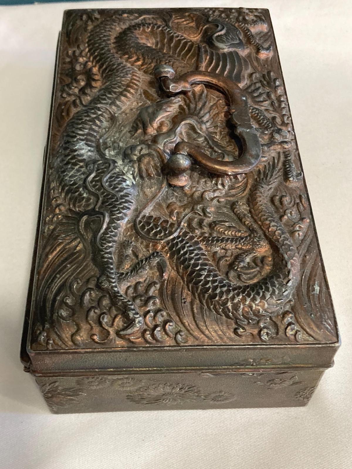 Antique Japanese Copper Box with Ornate Dragon Lid