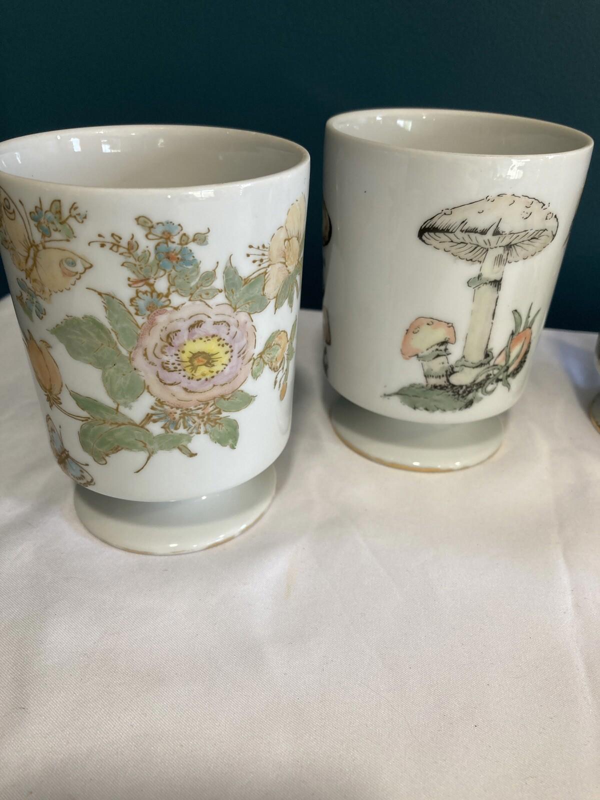 1970s Hand Painted Mushroom & Butterfly Mugs – Gold Trim – Signed Set of 2
