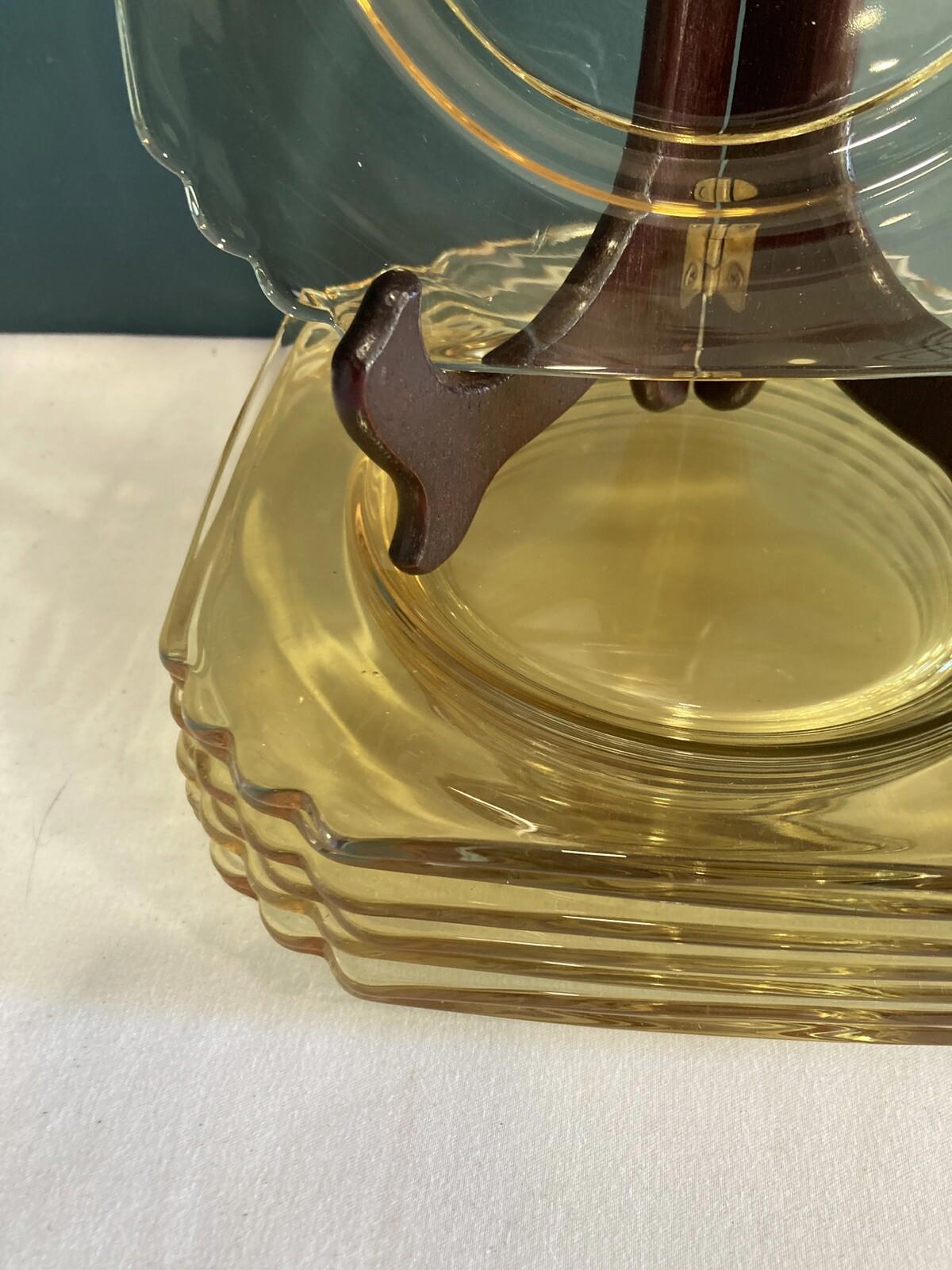 8 Octagon Amber Glass, Salad Or Dessert Plate Yellow Glass 7” Vintage Set Of 8