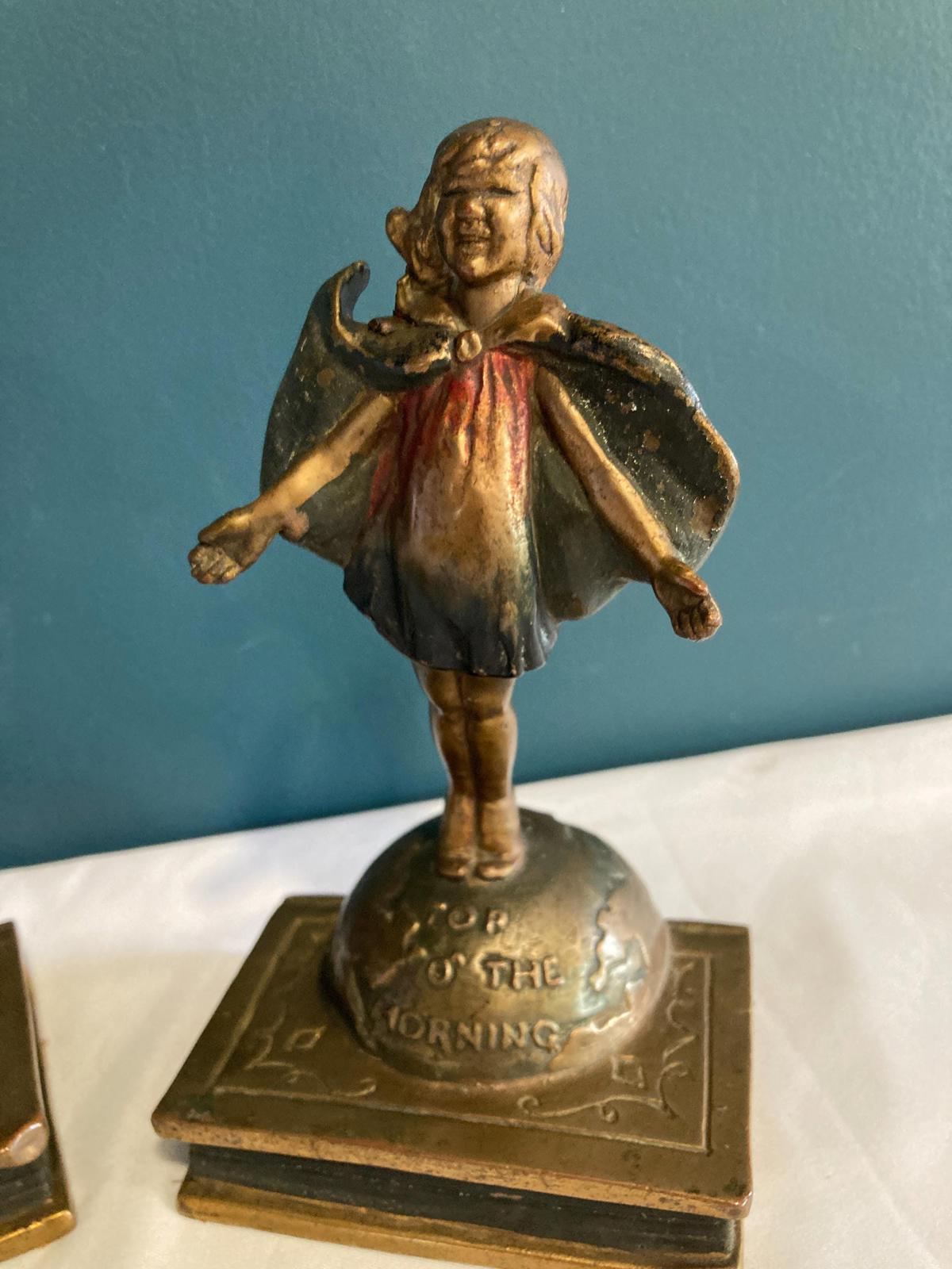 Antique Pompeian Bronze Bookends Laura Archibald 1920 Top O' The Morning Girl, Set of 2