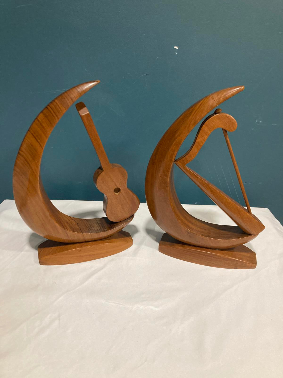 Vintage Wooden Harp & Guitar Bookends or Sculptures