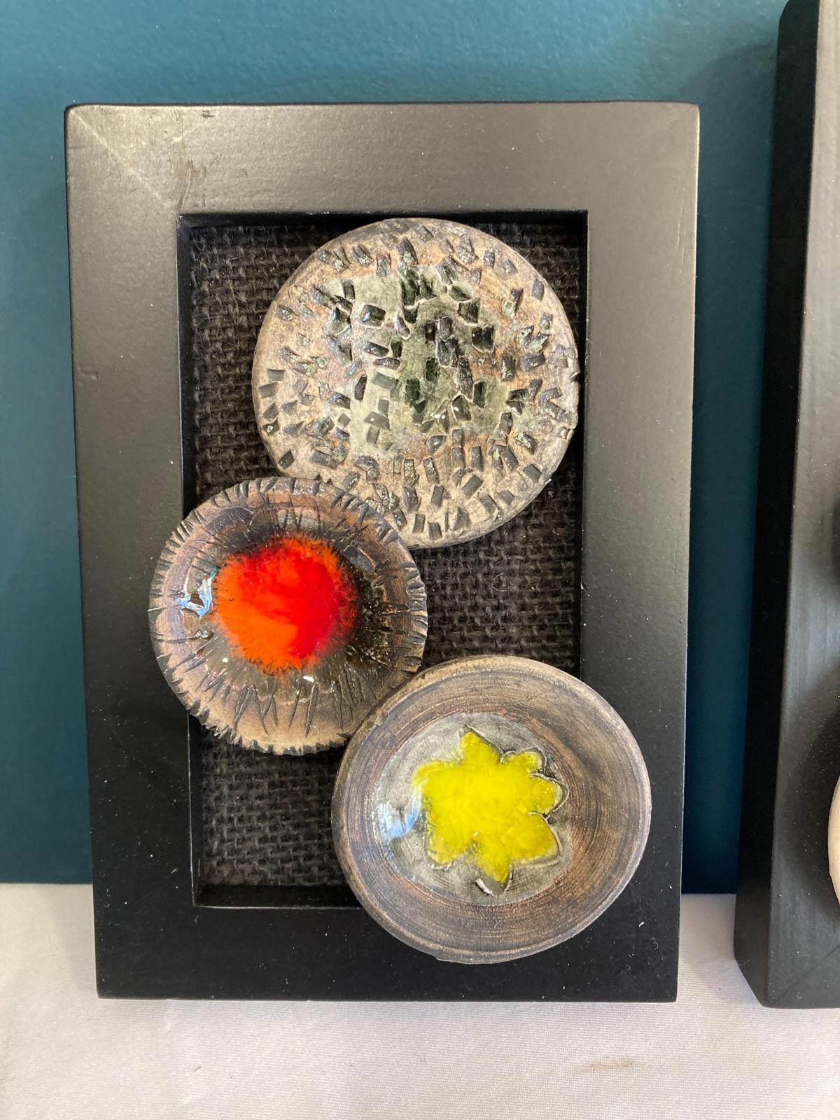 Framed Ceramic Mosaic Pottery Art on Burlap, Set of 3