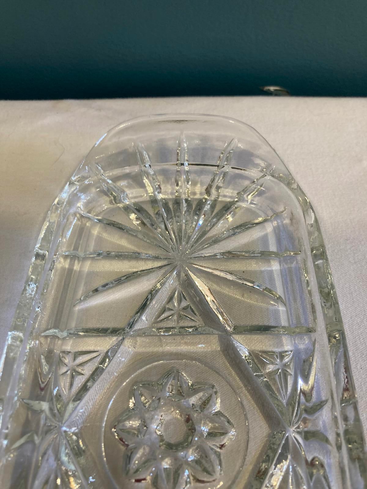 Vintage Pressed Glass Butter Dish with Starburst Design