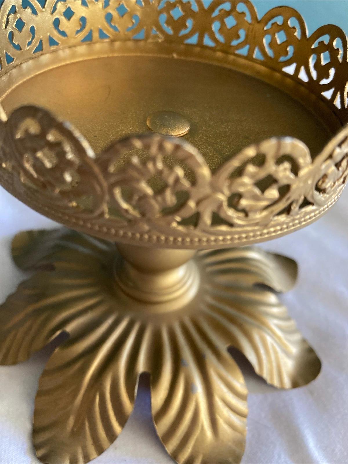 Midcentury Filigree Gold Metal Candleholder with Leaves