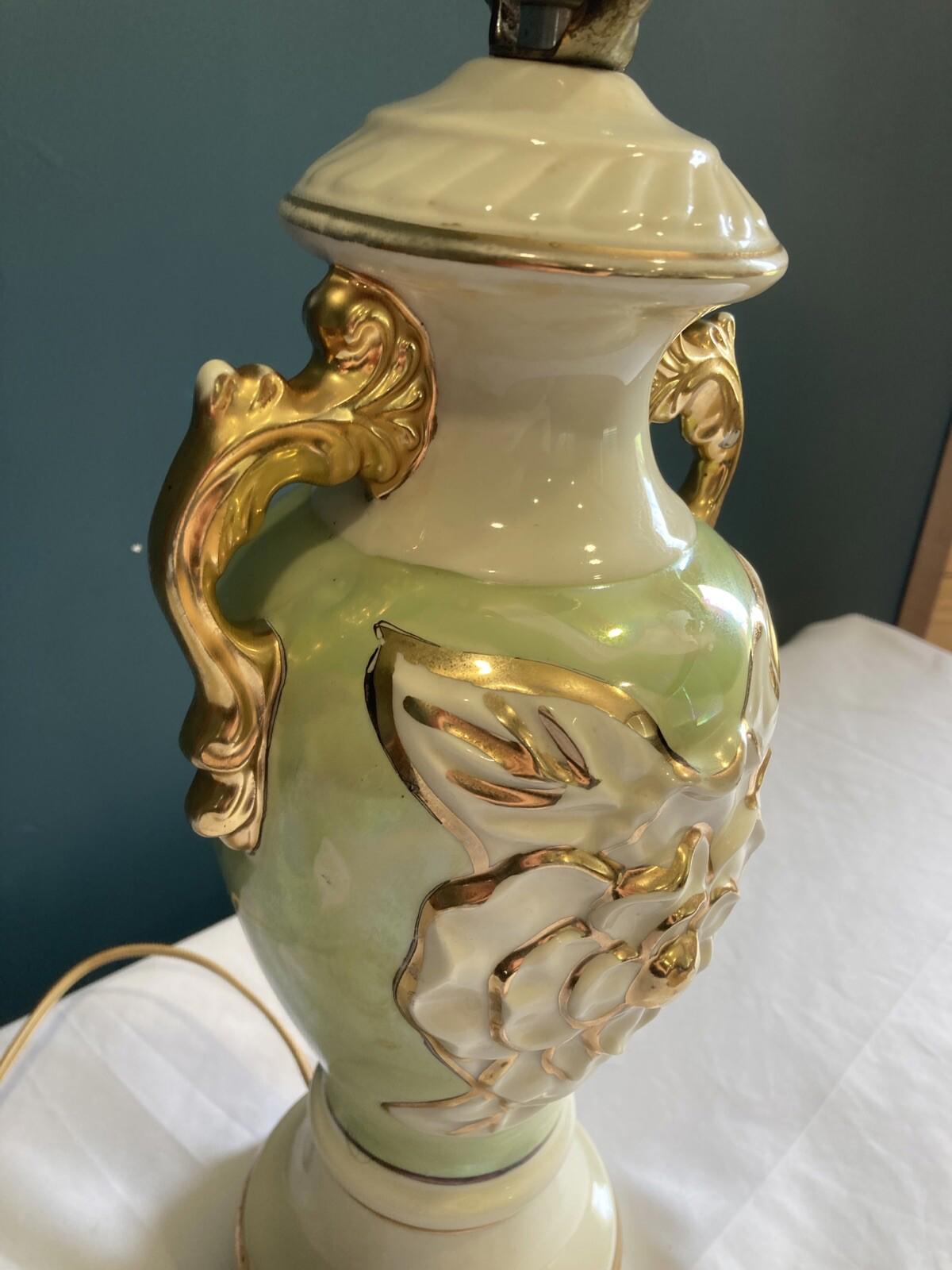 Vintage Hand-Painted Green & Gold Floral Ceramic Urn Lamp Victorian Style
