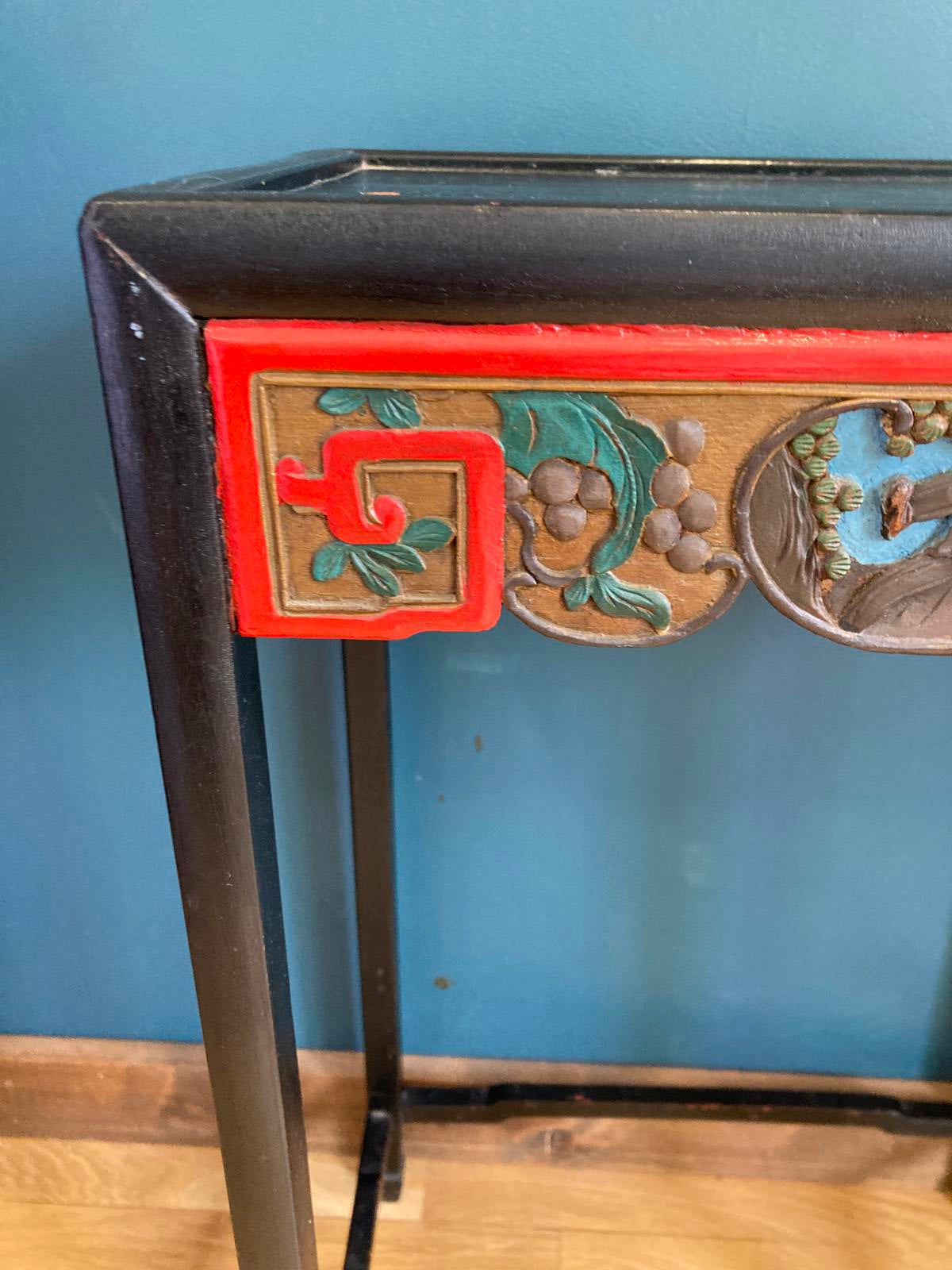 Vintage Asian Accent Table with Carved Painted Scene | Red & Black Lacquer Finish | Vintage Finds