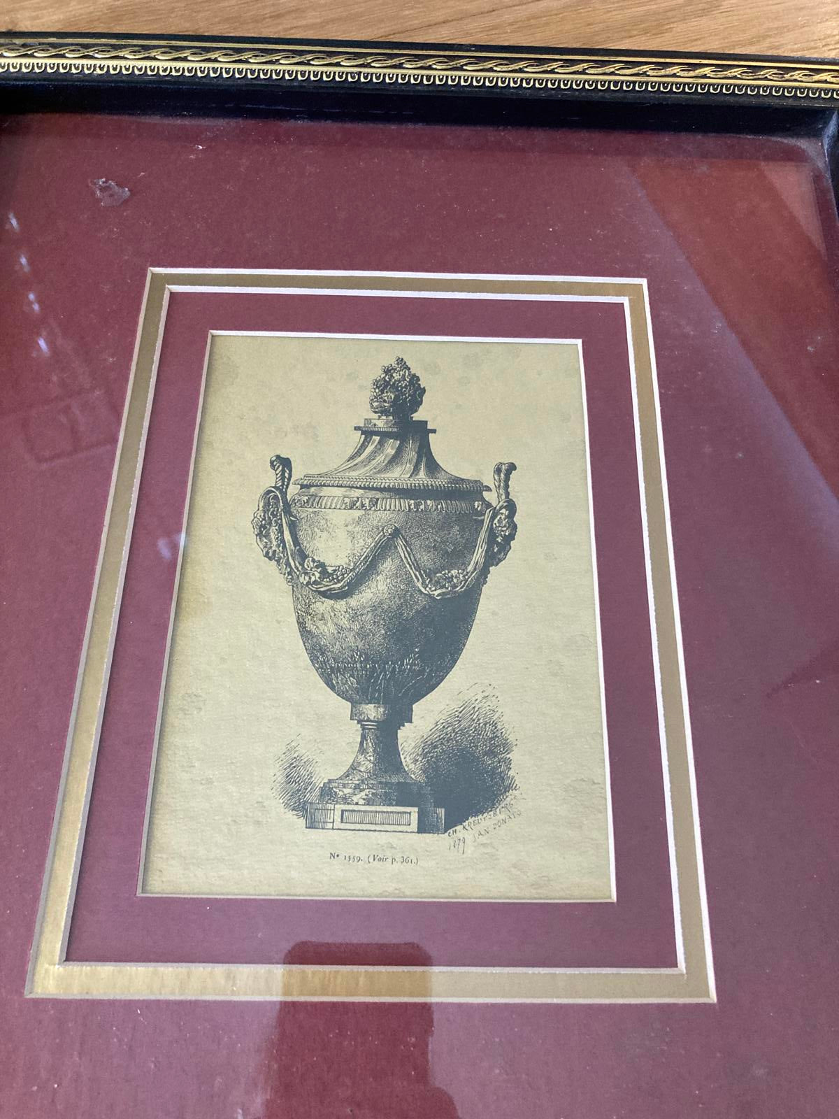 Vintage Framed Urn Prints Artwork, Set of 2