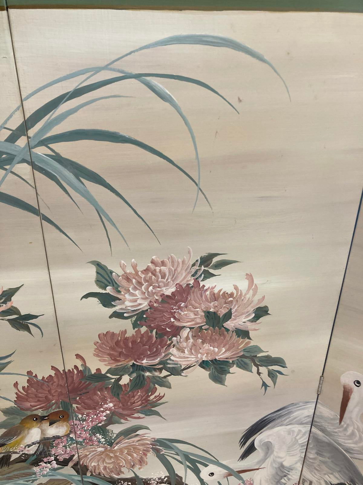 Midcentury Four Panel Wood Screen With Cranes Hand Painted by Lucien Leinfelder