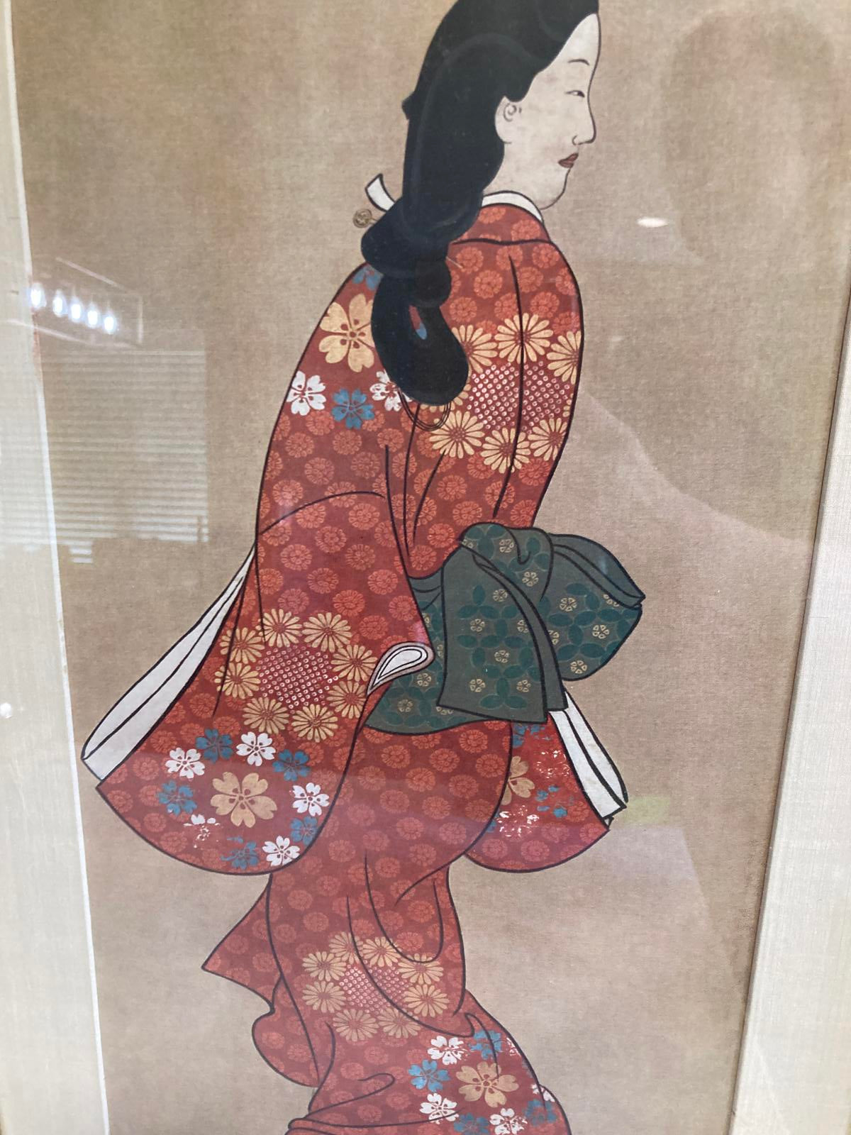 2 Vintage Framed Japanese Woodblock Print Style Geisha Art Kimono Wall Art