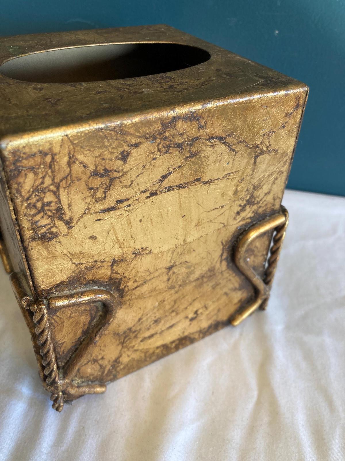 Vintage Gold Tissue Box With Twisted Metal Rope Edges