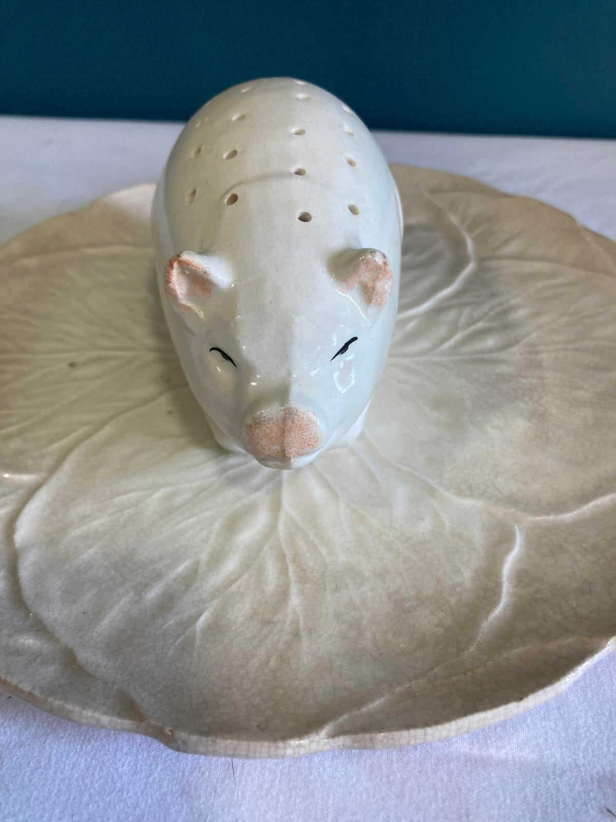 Vintage Ceramic Pig Canapé Holder on Leaf Dish