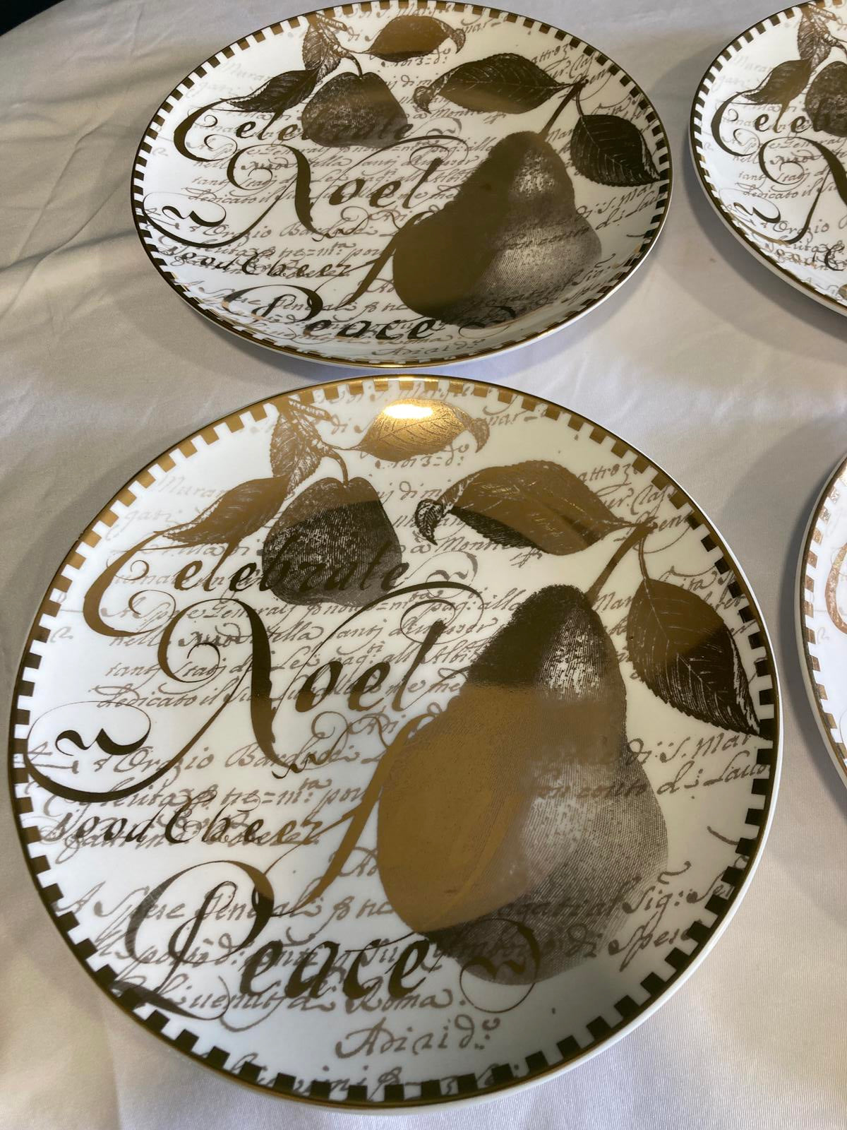 Set of 4 Restoration Hardware Noel Pear Dessert Plates Gold Script Holiday