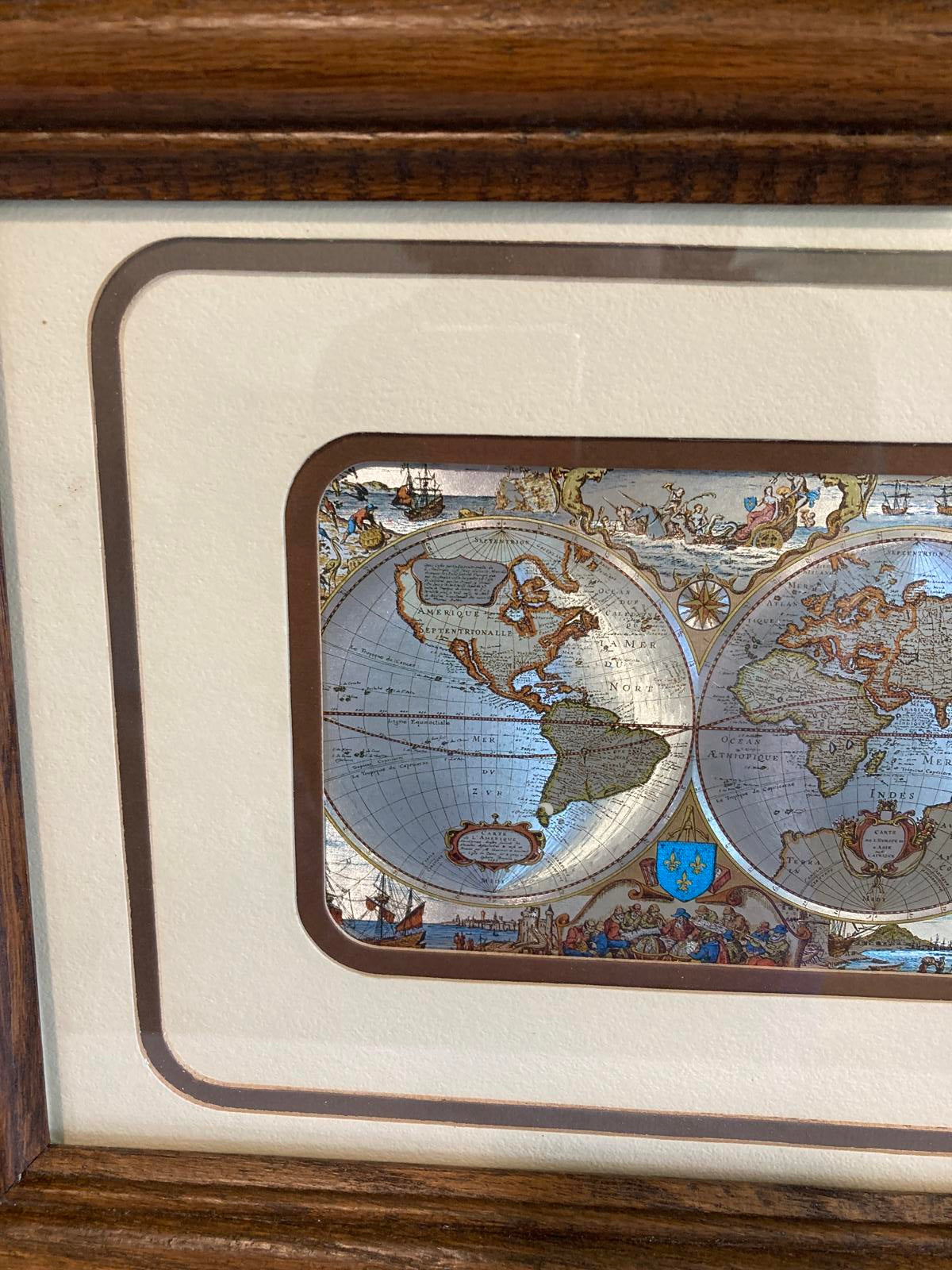 Framed Vintage World Map Print – Double Hemisphere Nautical Map