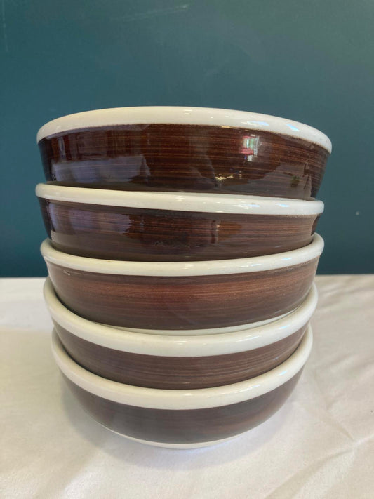 Vintage Homer Laughlin White Ceramic Bowls with Brown Woodgrain Stripe, Set of 6