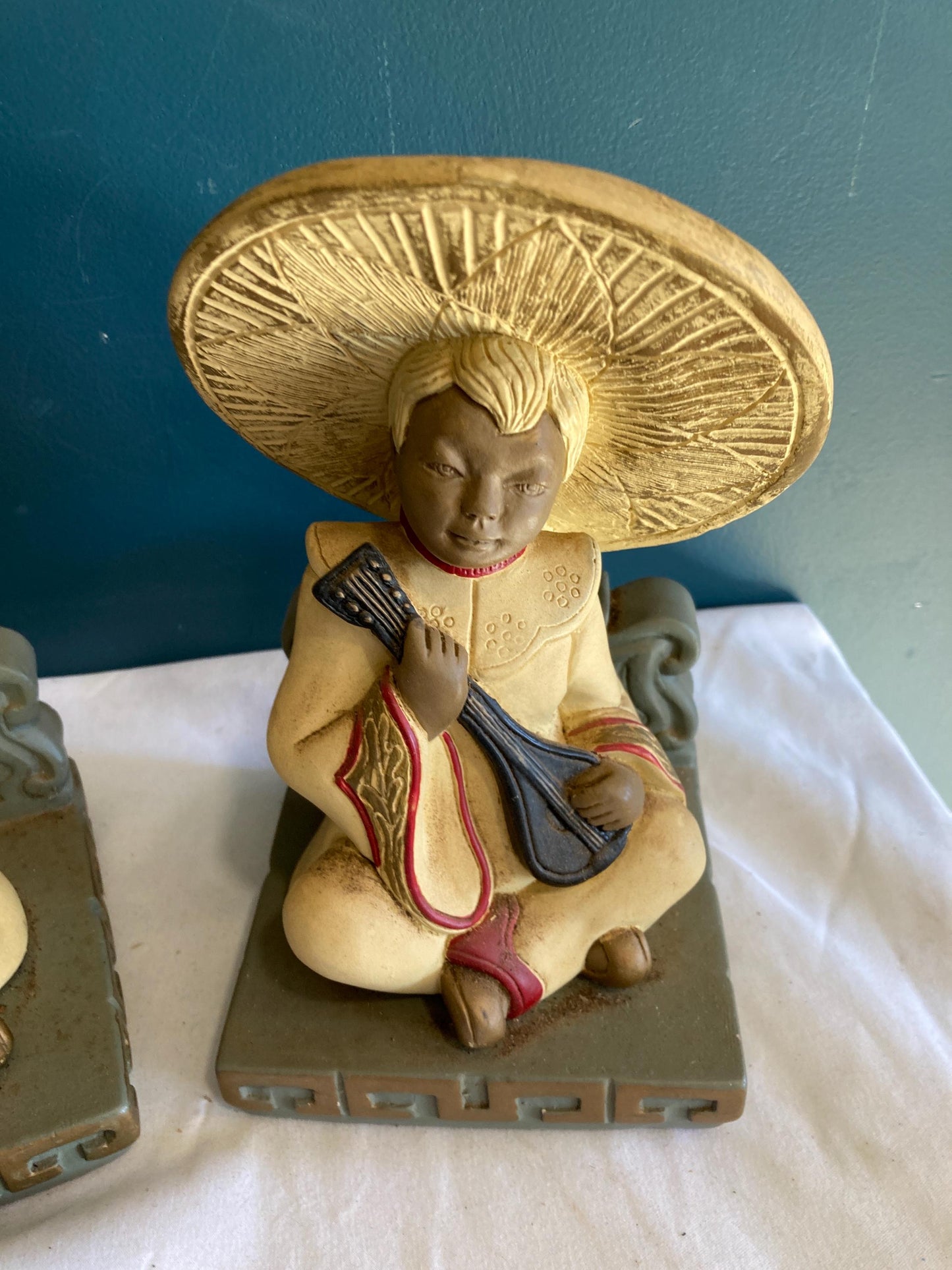 Vintage Devonware Chalkware Asian Boy and Girl bookends Made in Canada Genuine Hand Painted Ceramic