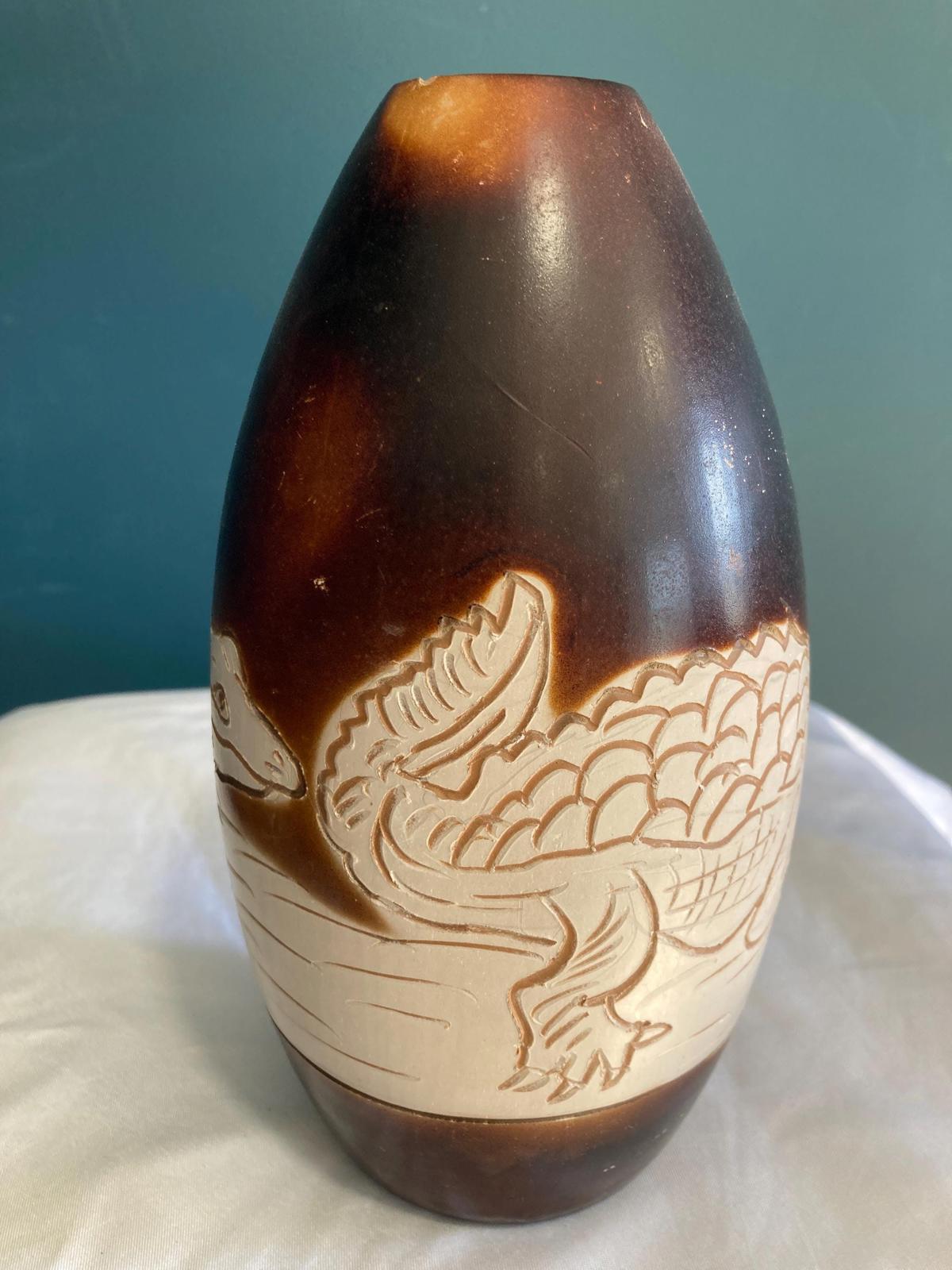 Vintage Hand Carved Solid Wood Iguana Vase