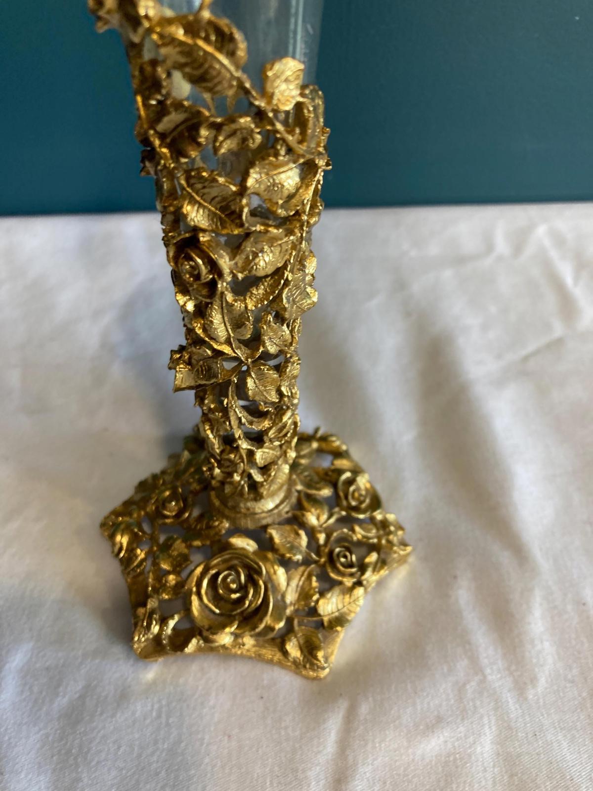 Vintage Matson Brass Roses Bud Vase with Glass Insert