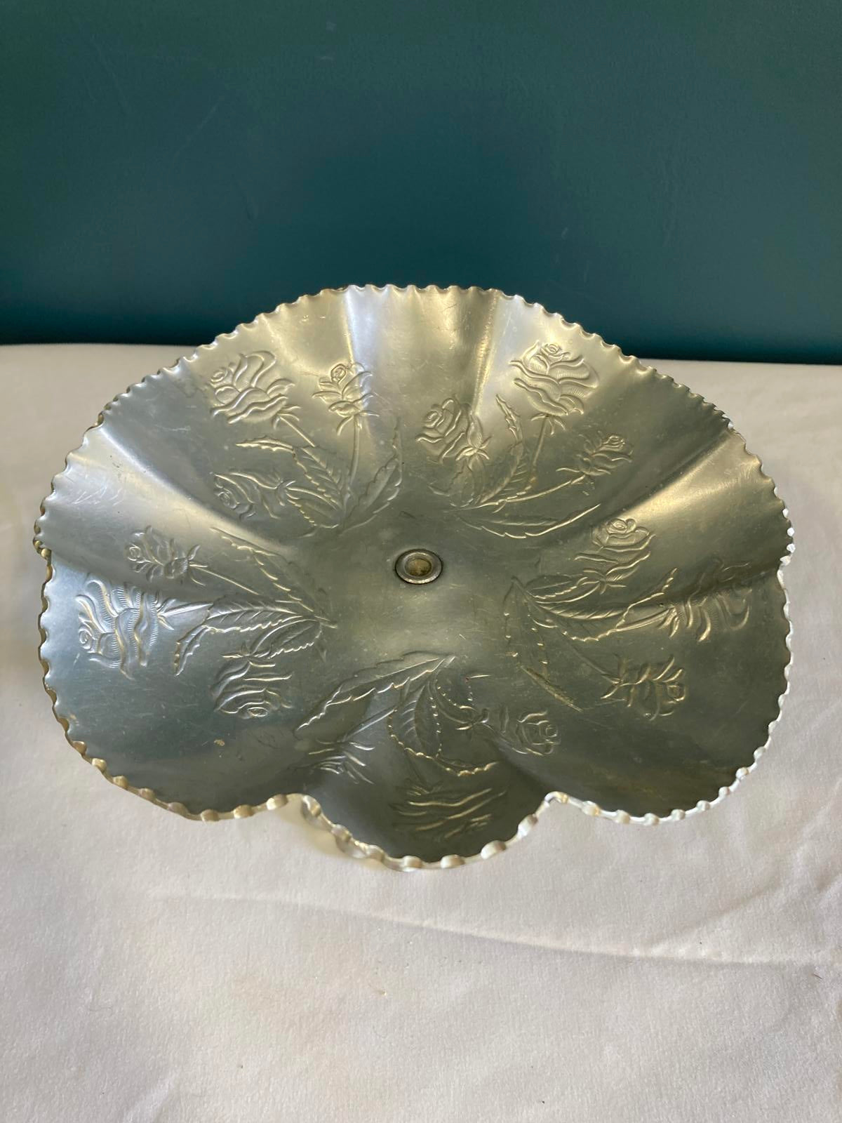 Vintage Aluminum Pedestal Dish with Scalloped Edge