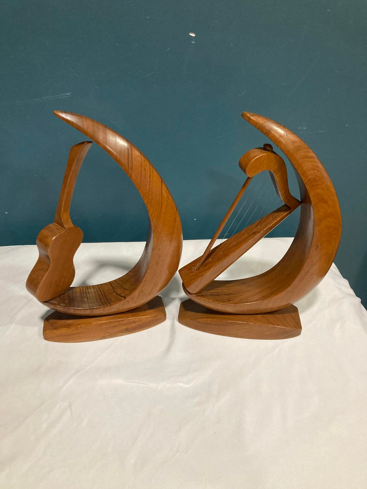 Vintage Wooden Harp & Guitar Bookends or Sculptures