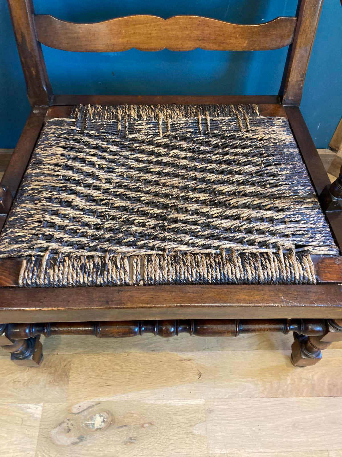 Antique Wood Armchair With Rush Seat & Striped Upholstered Back
