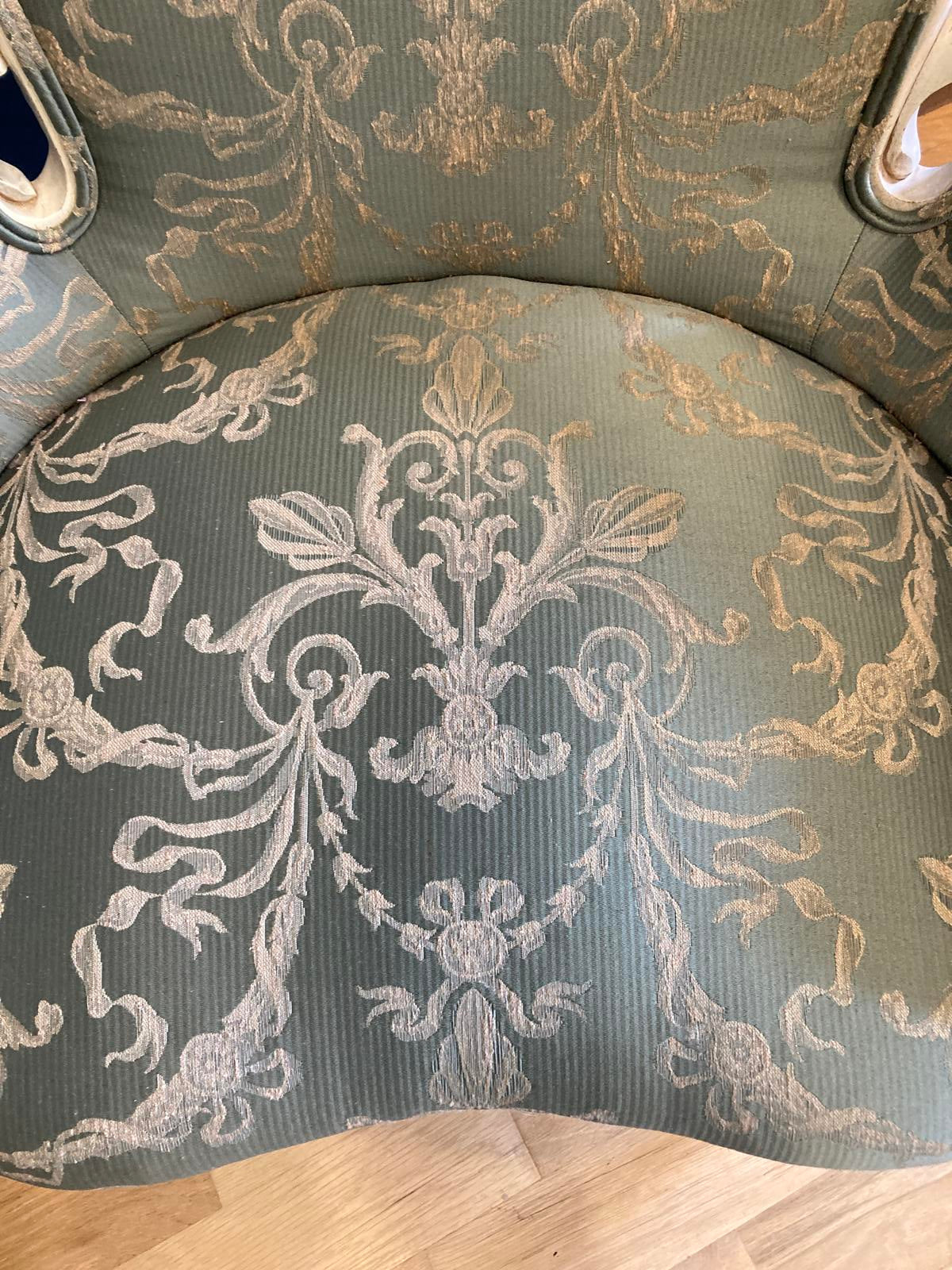 Pair of French Louis XV Style Bergère Chairs With Green Damask Upholstery