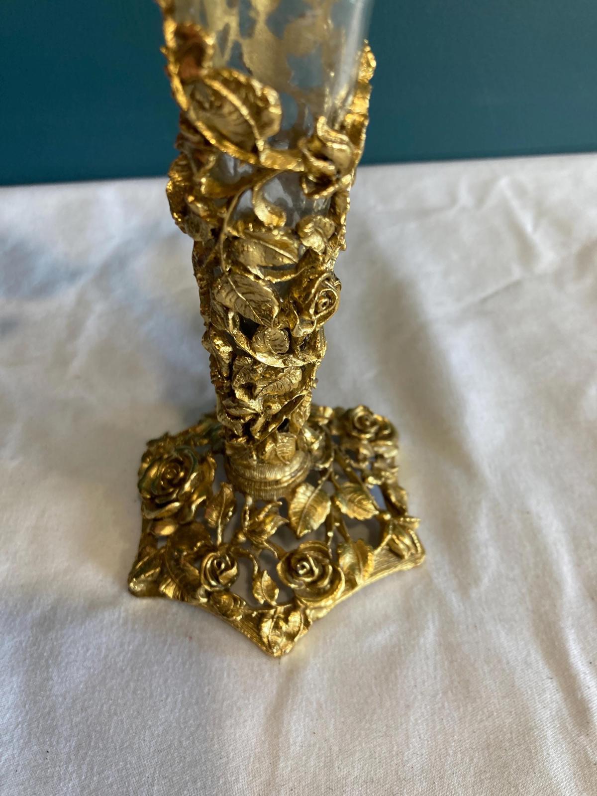 Vintage Matson Brass Roses Bud Vase with Glass Insert