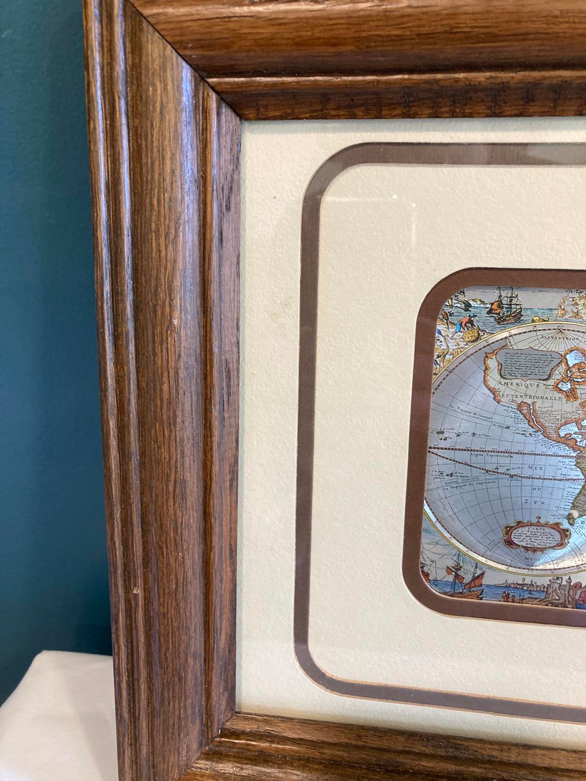 Framed Vintage World Map Print – Double Hemisphere Nautical Map