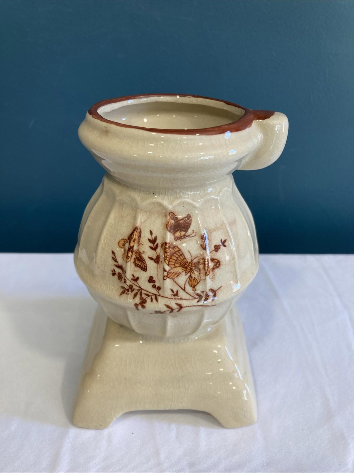 Vintage Glazed Ceramic Pot Belly Stove Vase With butterflies