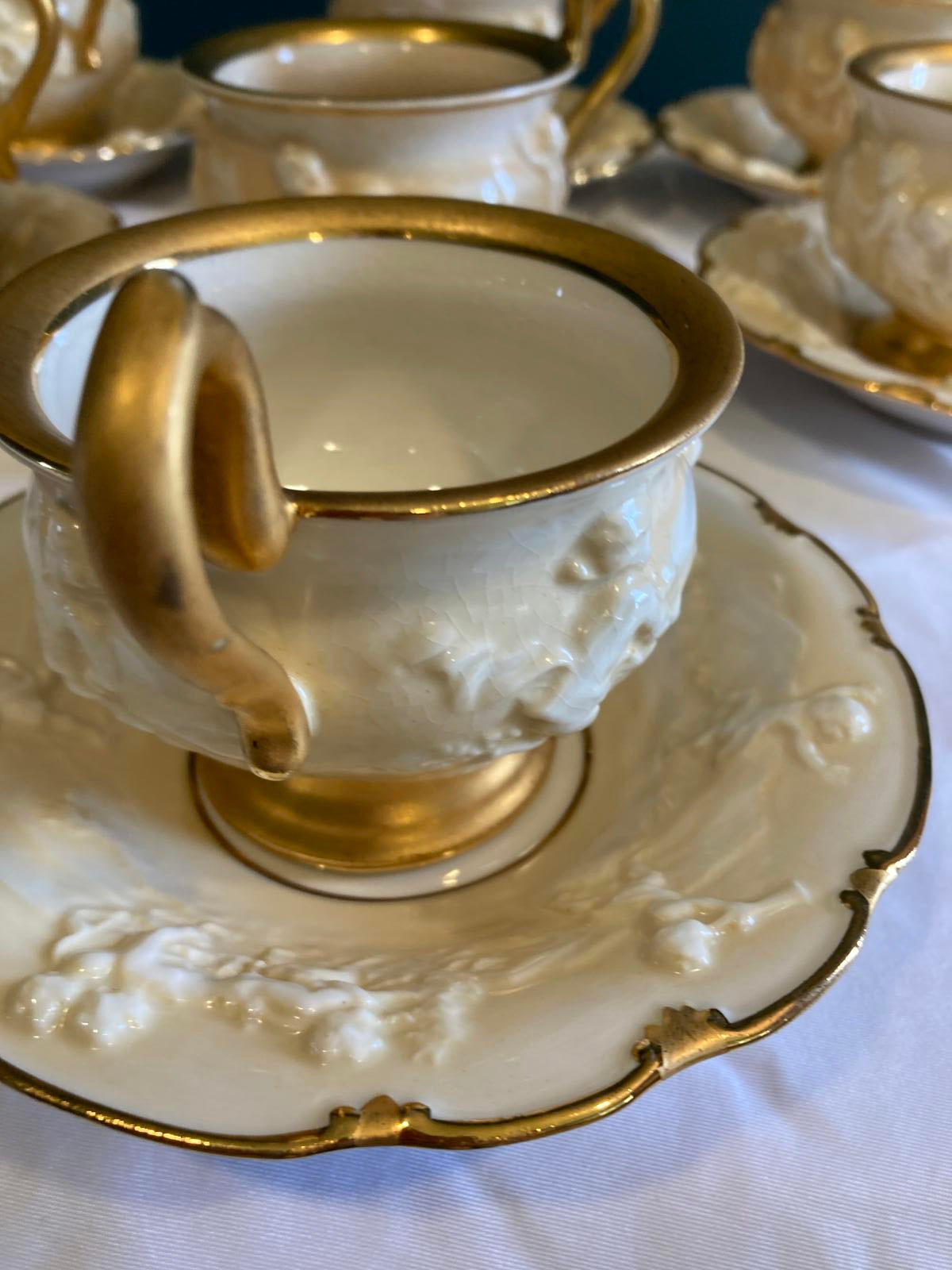 Antique Ernst Bohne Söhne Cherub Teacup and Saucer Set w/Gold Trim, Set of 7