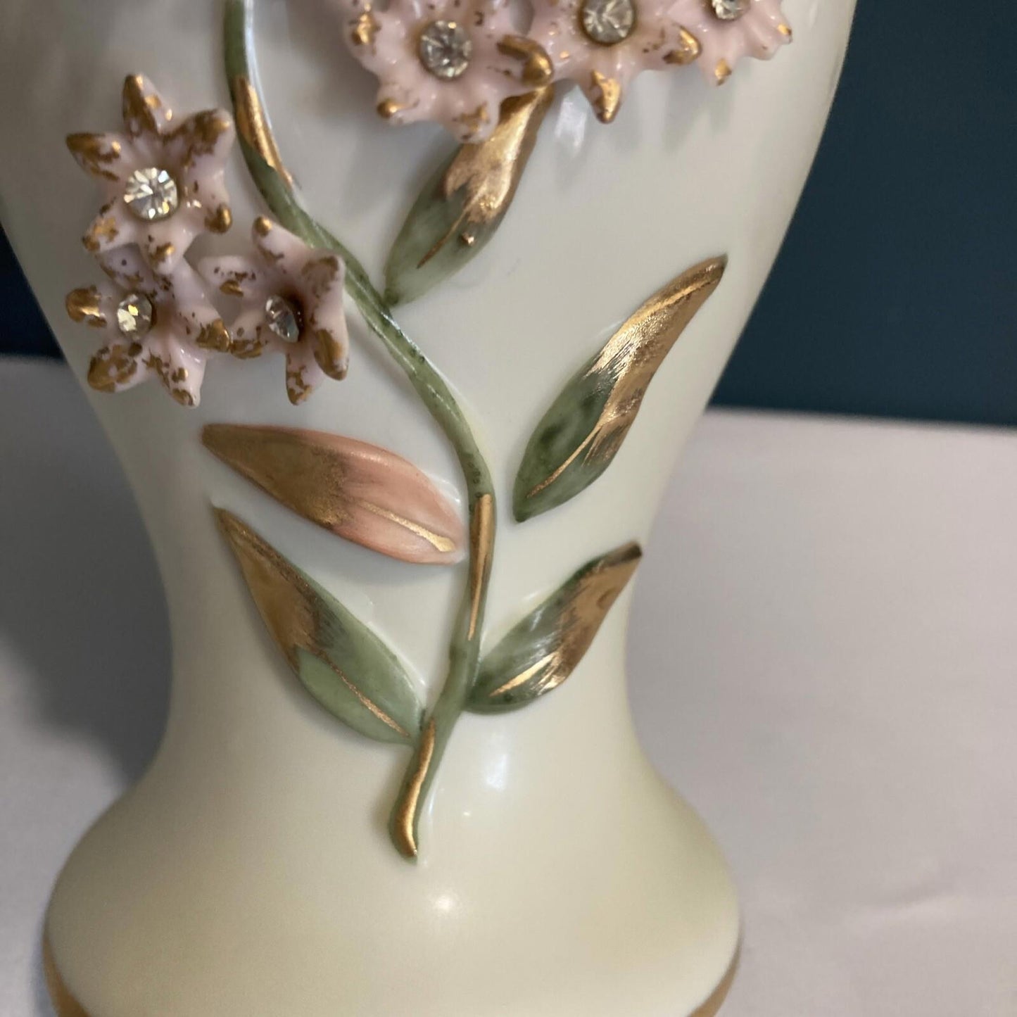 Vintage Porcelain Vase with Gold Handles and Floral Relief