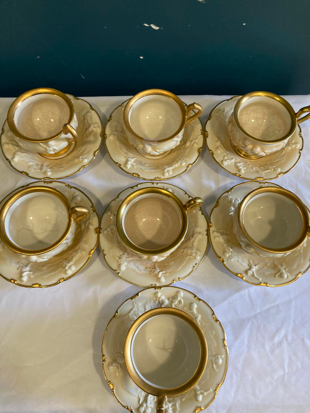 Antique Ernst Bohne Söhne Cherub Teacup and Saucer Set w/Gold Trim, Set of 7