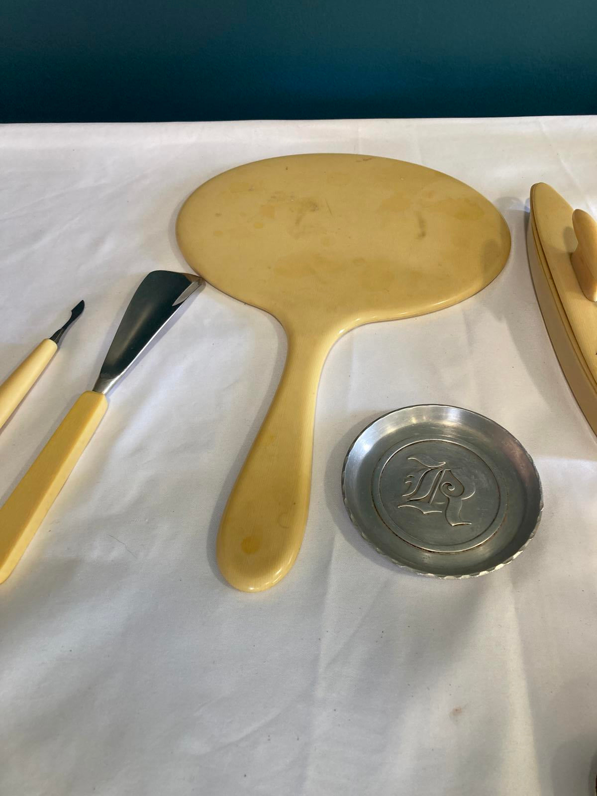 Vintage 5-Piece Vanity Set w/ "R" Monogram -Mirror, Shoe Horn, Nail Tools & Tray