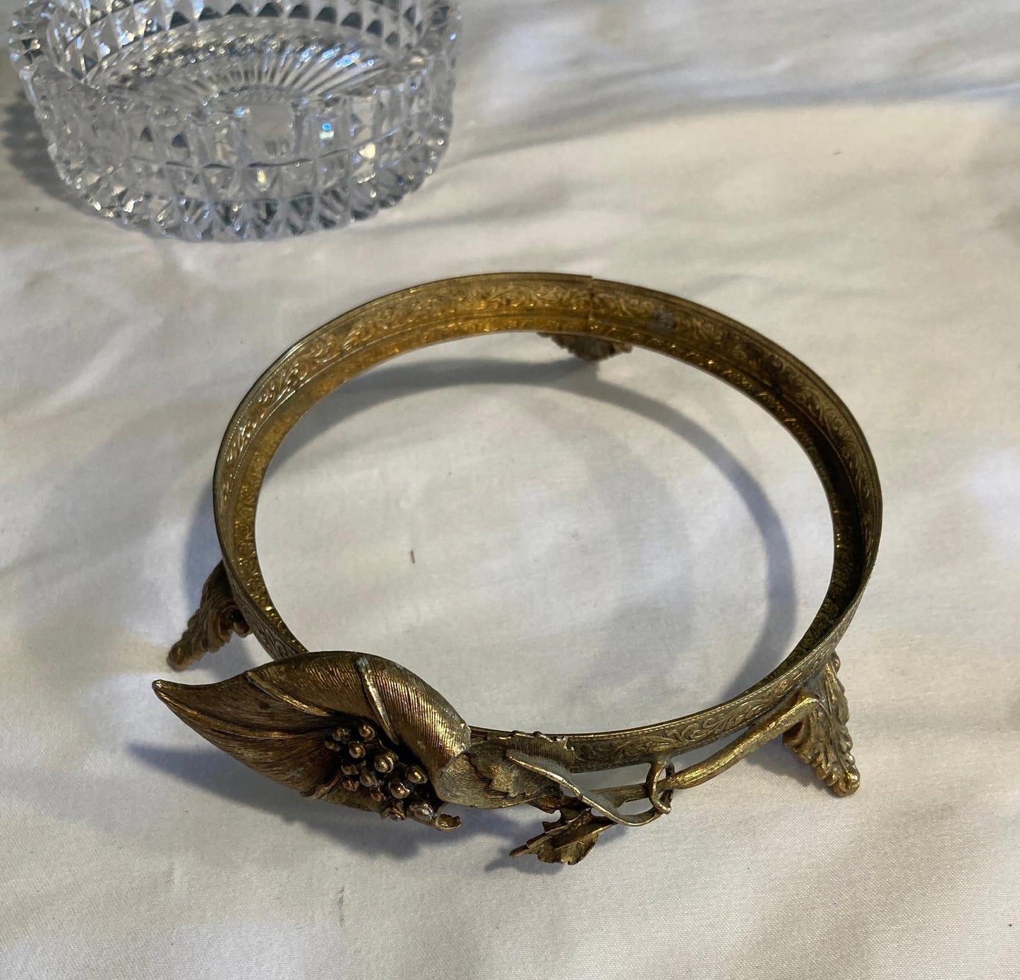 Vintage Crystal Ashtray with Ornate Brass Base Footed Ashtray with Floral Detail