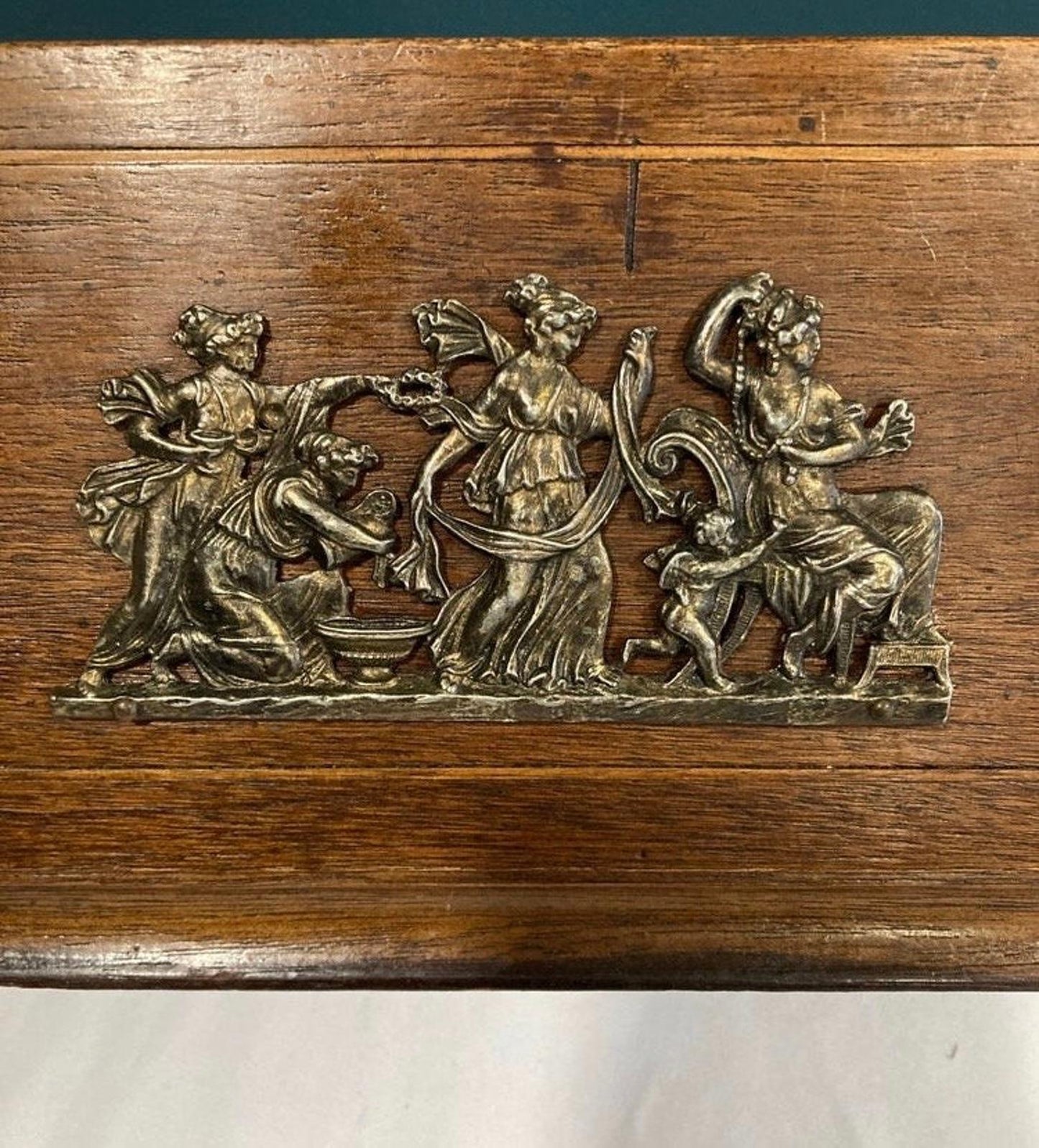 Vintage Wood Box With Brass Greek Scene