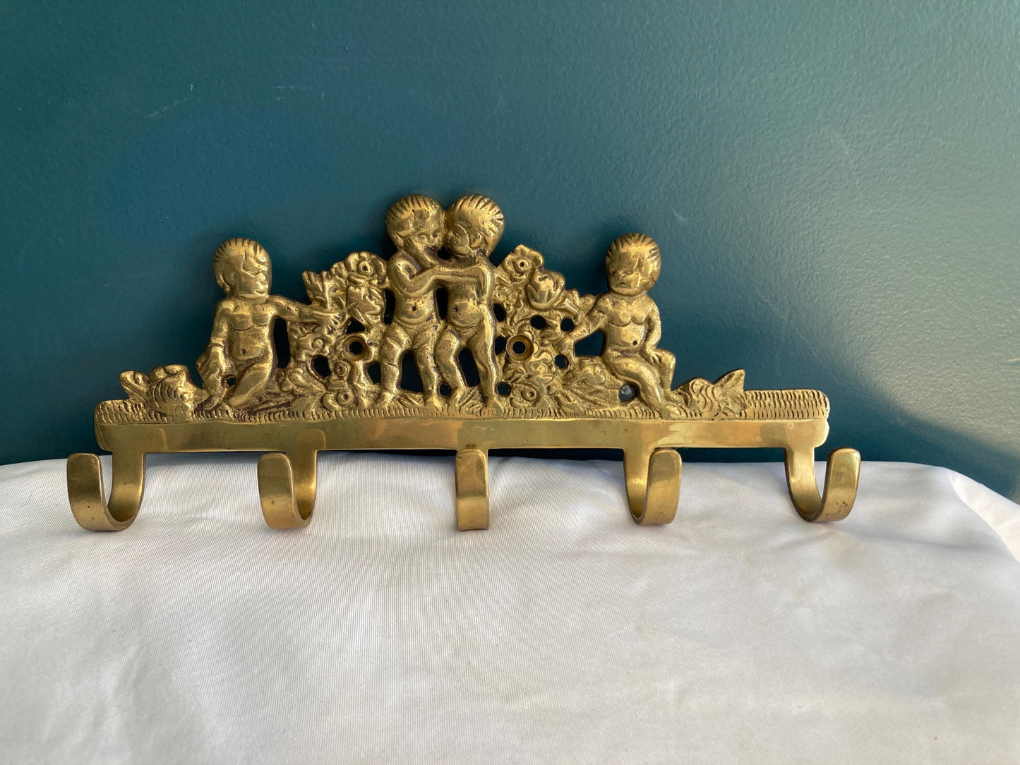 Vintage Solid Brass Cherub Hanger With 5 Hooks