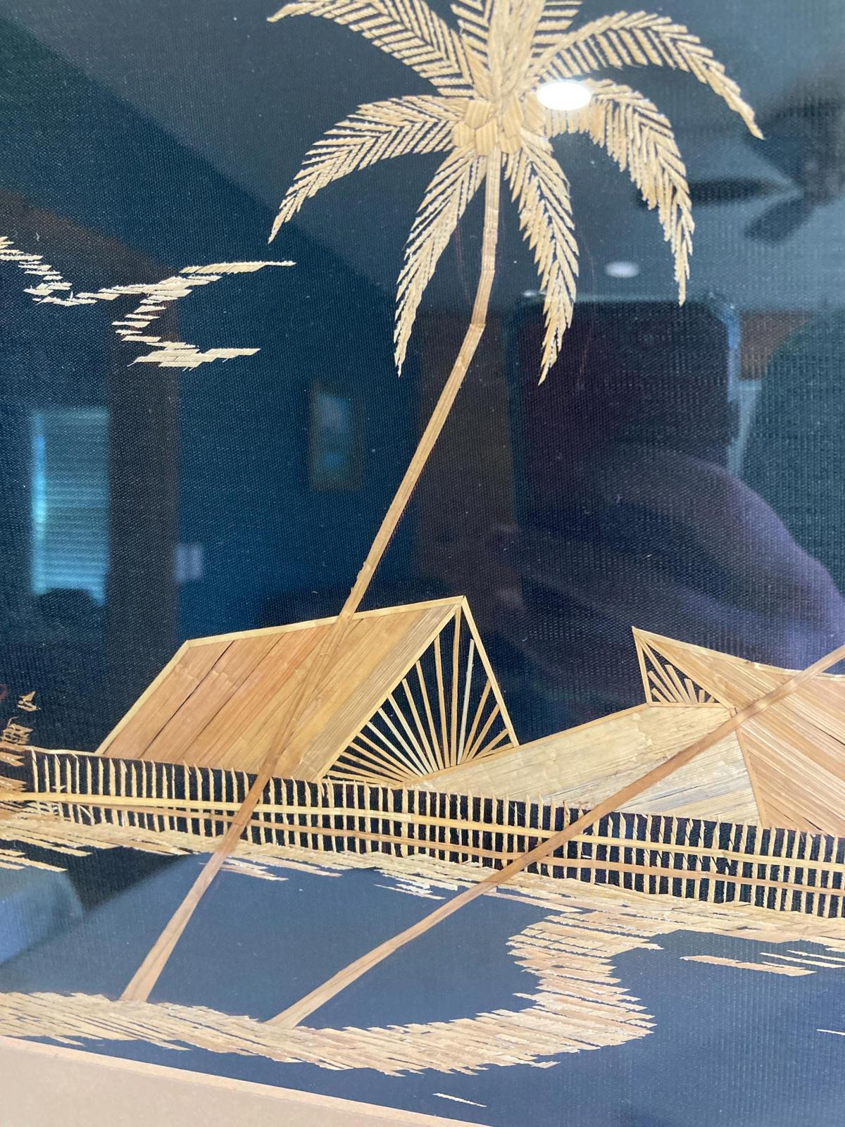 Vintage Straw Art Picture - Mid-Century Tropical Asian Scene