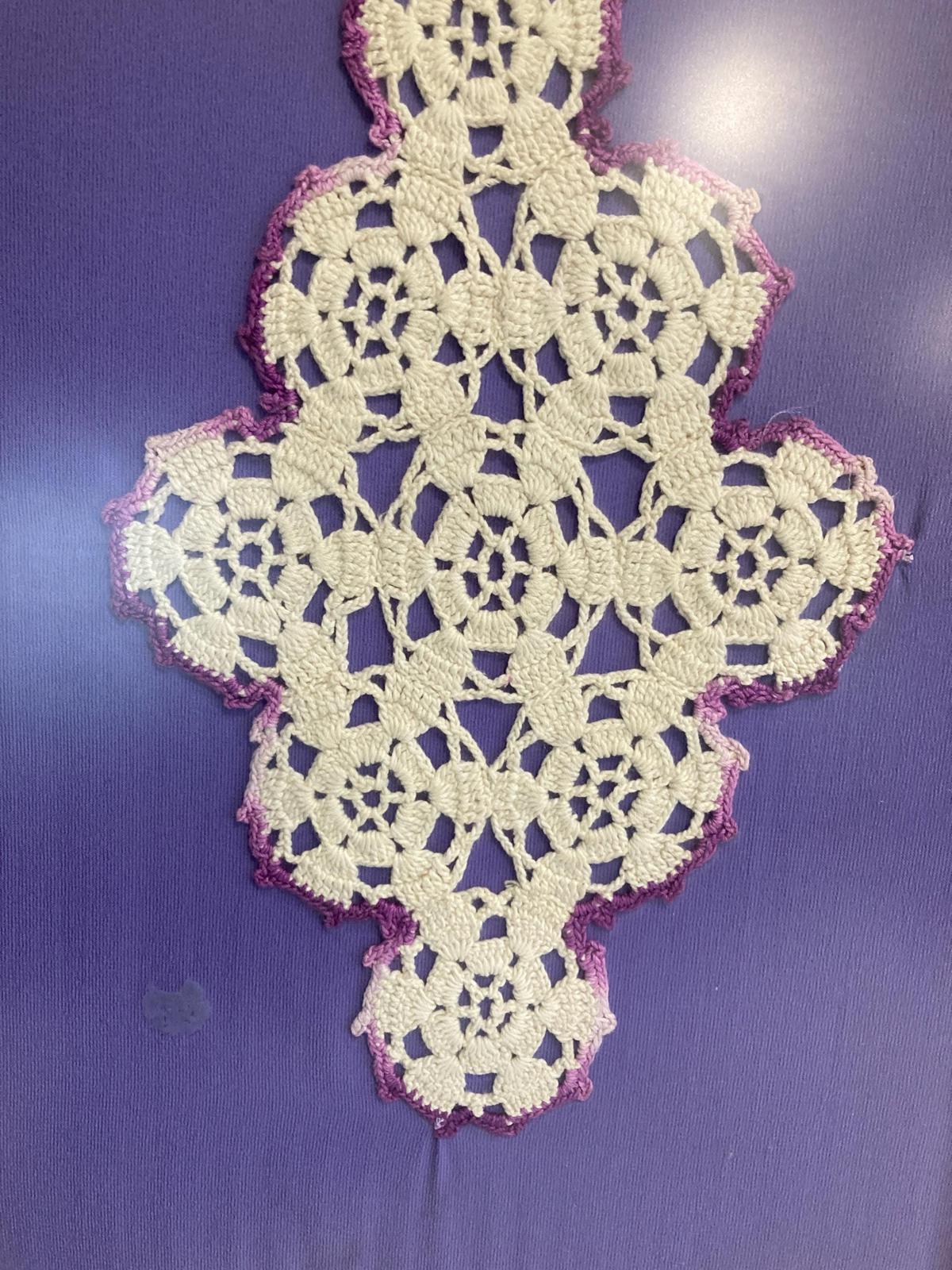 Vintage Handmade White Doily Lace with Purple Edges Framed