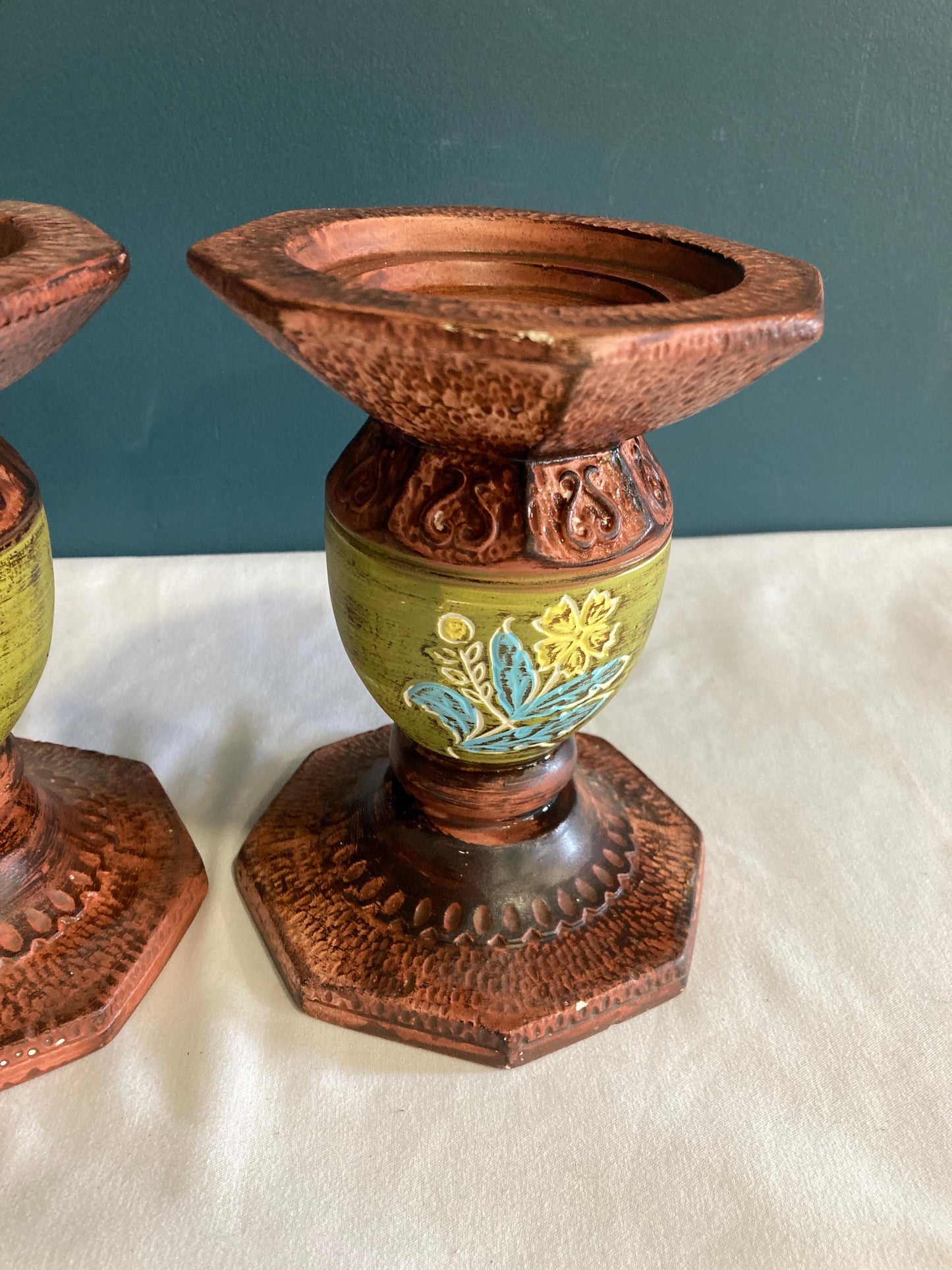 Vintage Hand Painted Ceramic Floral Candleholders