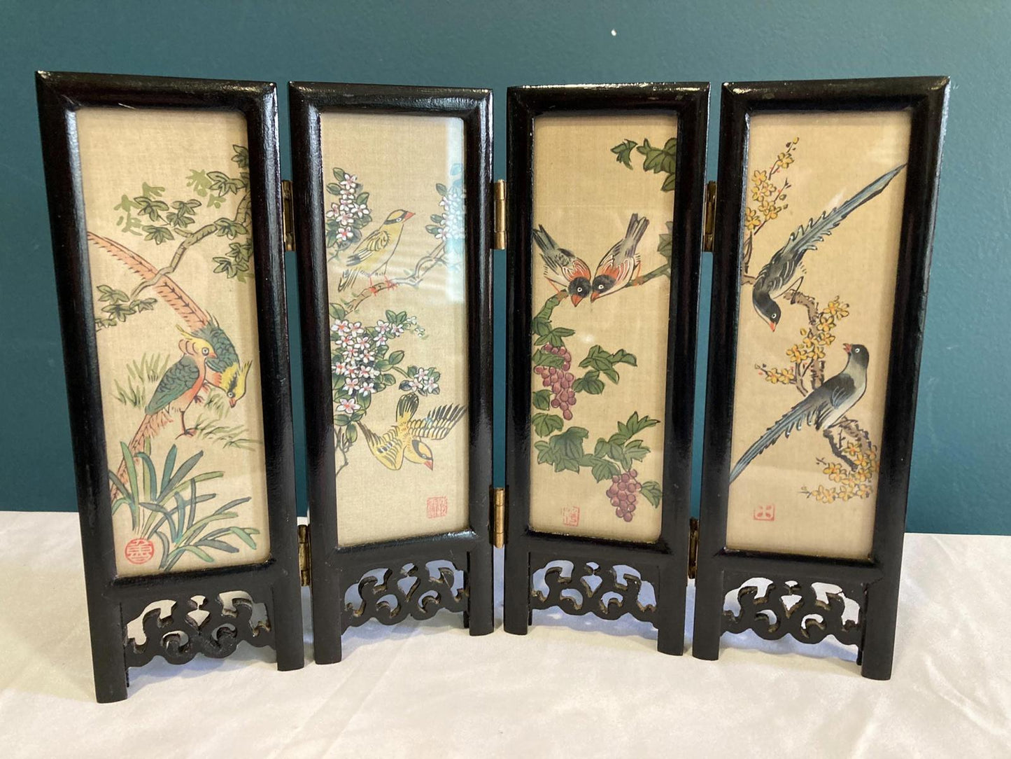 Vintage Small Asian Folding Table Top Hand Painted Screen