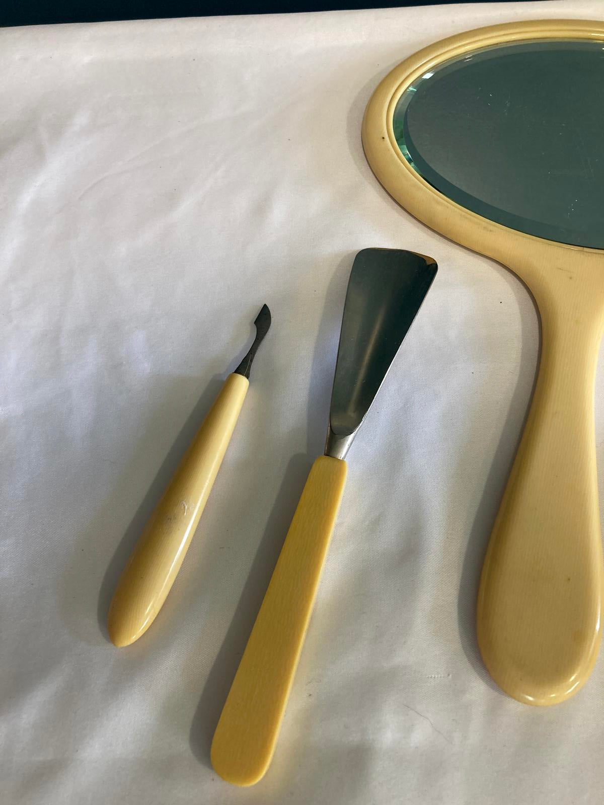 Vintage 5-Piece Vanity Set w/ "R" Monogram -Mirror, Shoe Horn, Nail Tools & Tray
