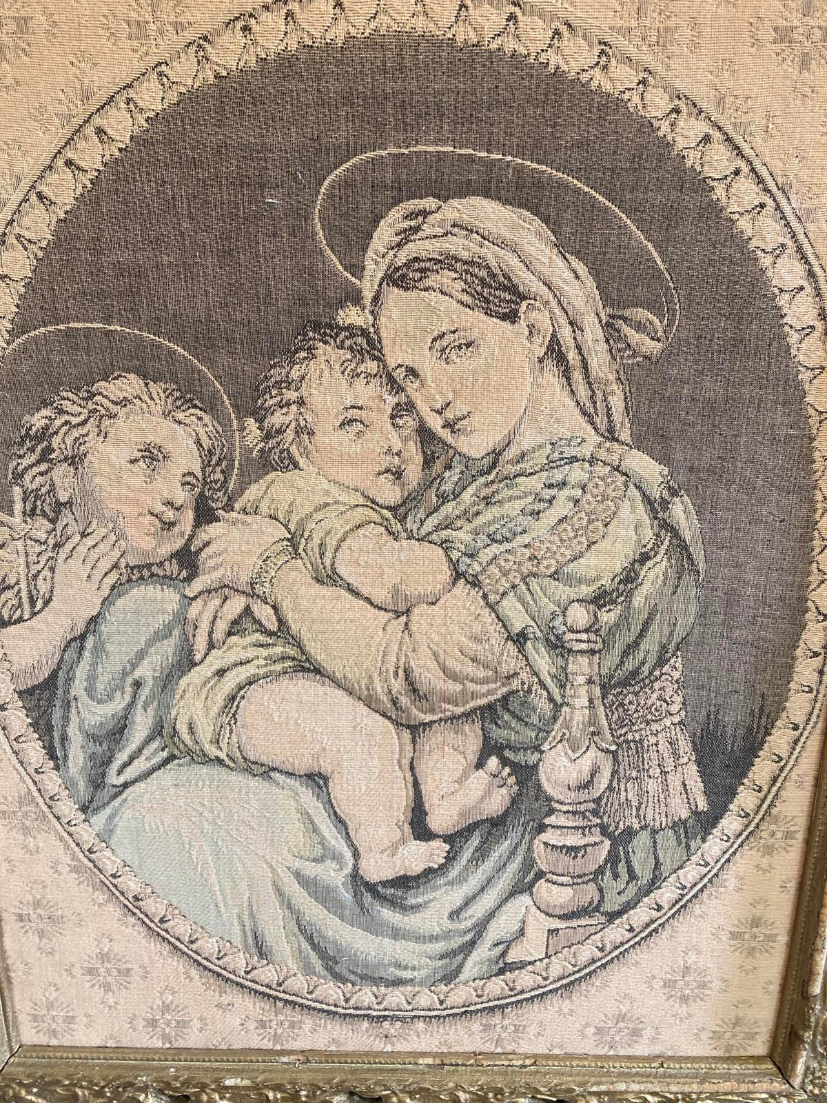 Antique Madonna and Child Framed Tapestry with Gold Frame