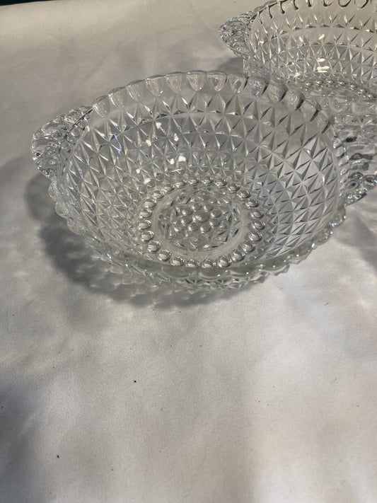 Vintage Cut Glass Bowls With Handles, Diamond Hobnail Glass Serving, Set of 3